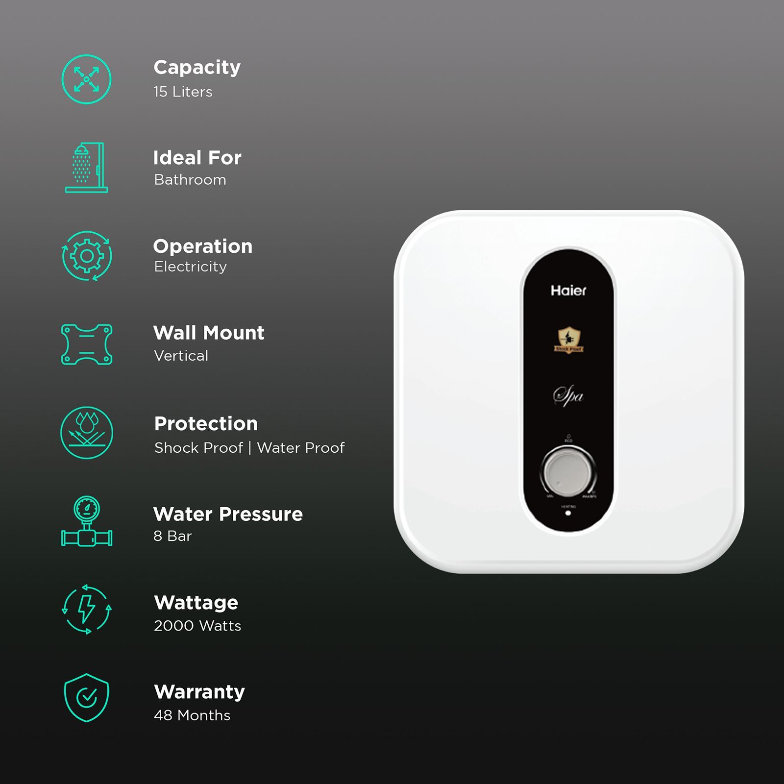 Haier ES15V-S1 15 Litres 5 Star Vertical Storage Water Geyser with Glass Coated Incoloy Heating Element (White/Ivory)_3