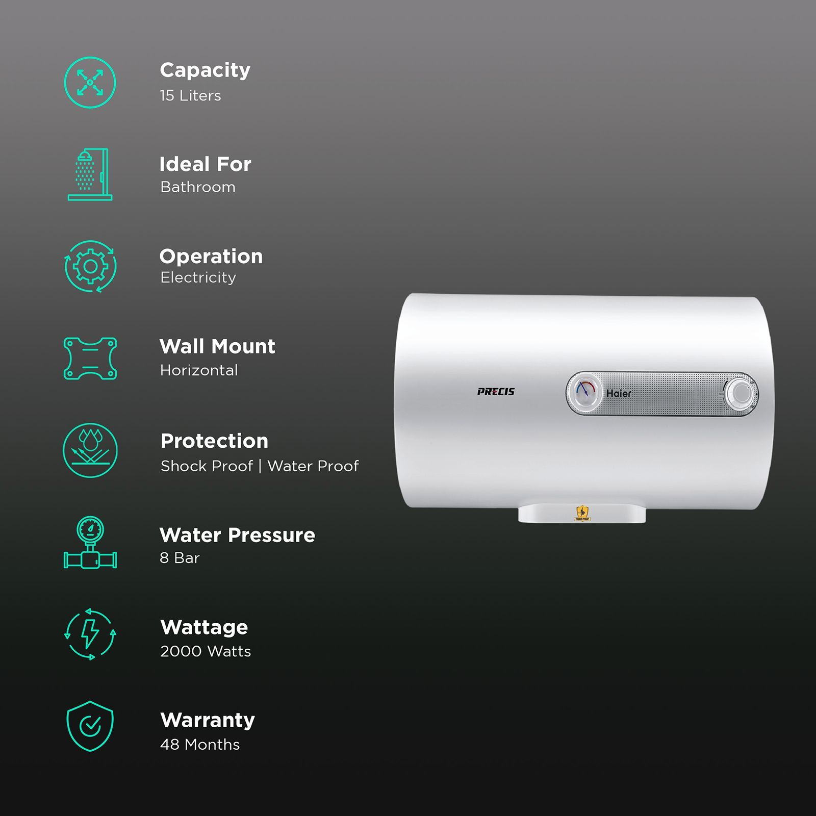 Haier ES15(H)-E1-P 15 Liters 2 Star Horizontal Storage Water Geyser with Glass Coated Incoloy Heating Element (White)_3