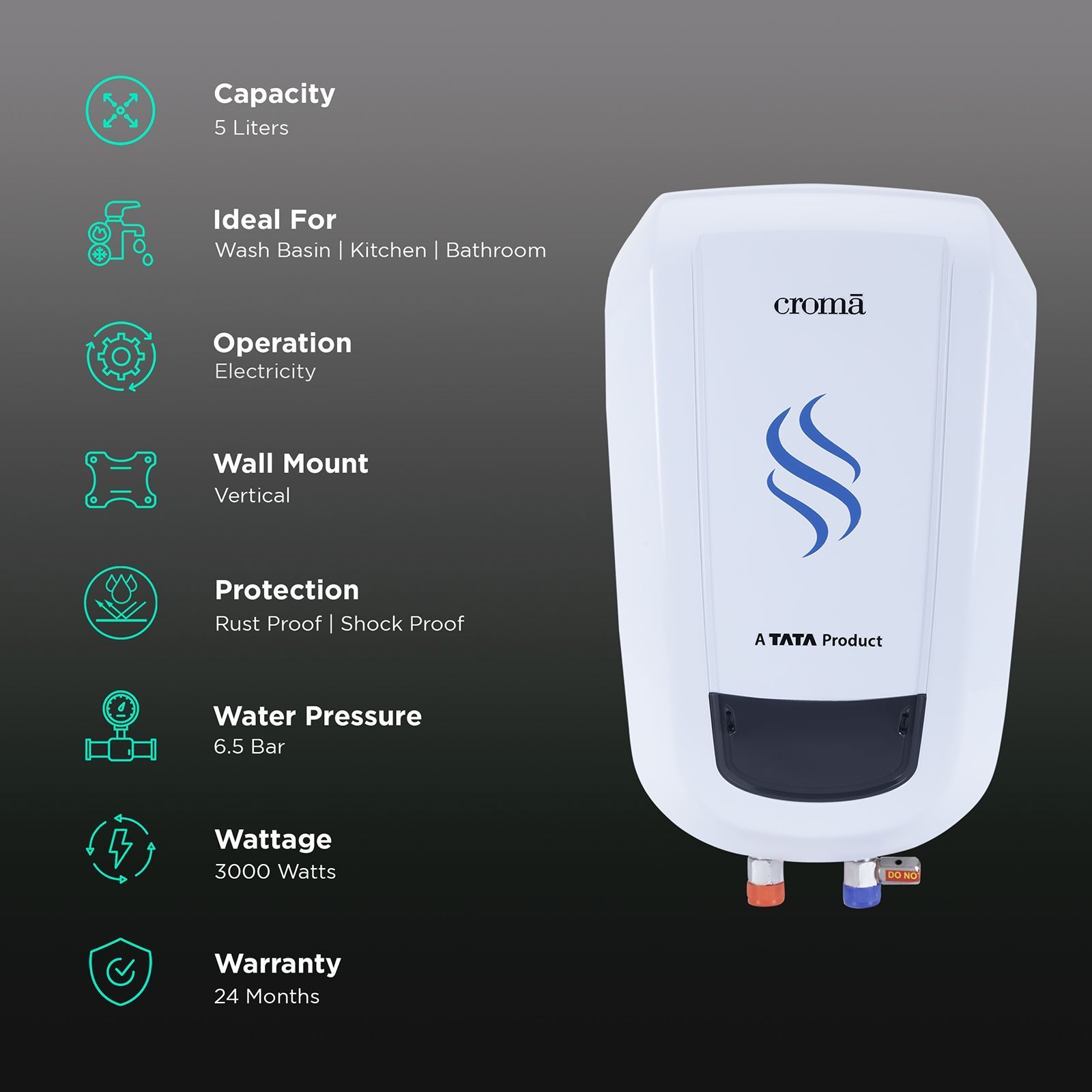 Croma 5 Litres Instant Water Geyser (3000 Watts, White & Blue)_3