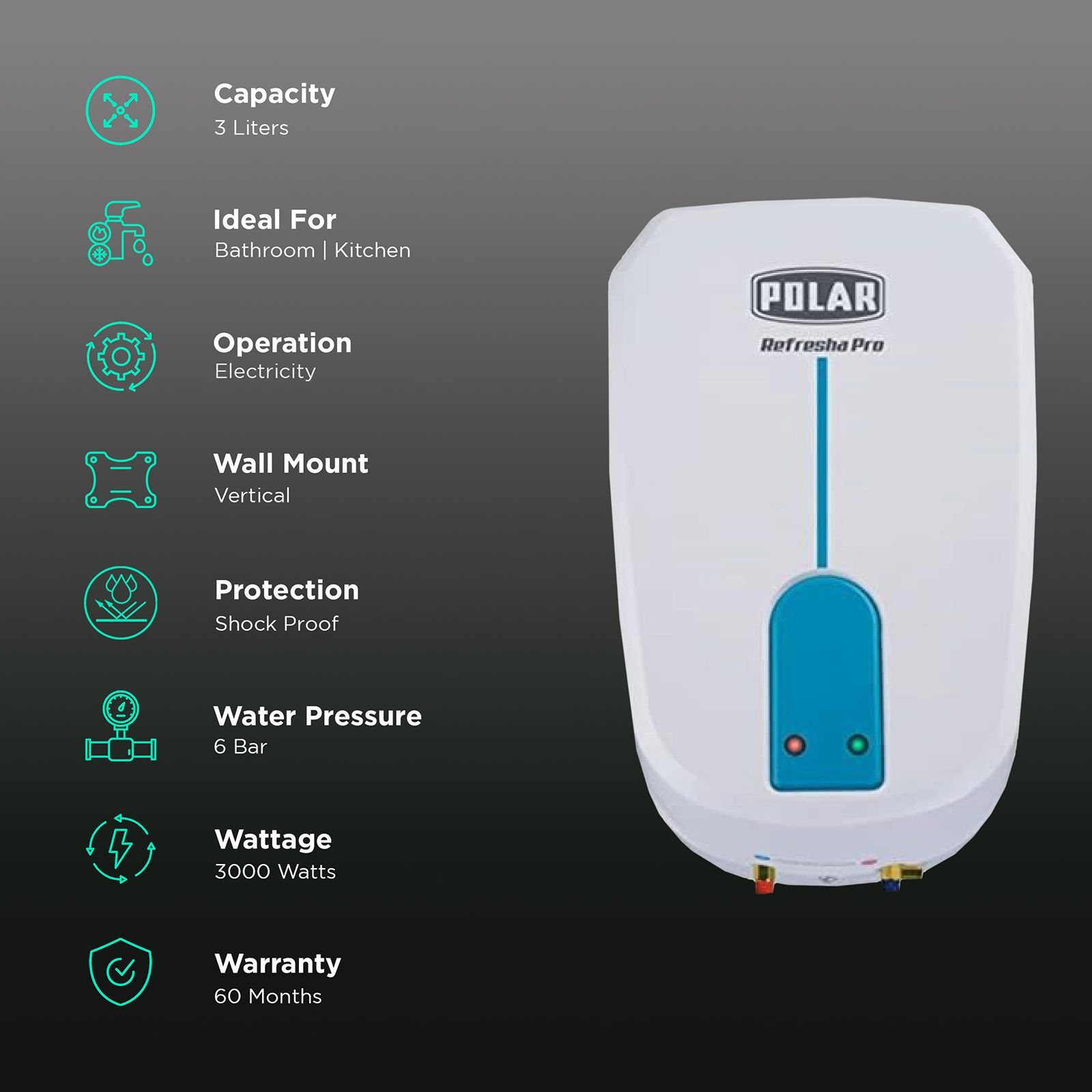 POLAR Refresha Pro Instant Water Geyser (3000 Watts, WHREPROI3P1, White) POLAR Refresha Pro Instant Water Geyser (3000 Watts, WHREPROI3P1, White)_3