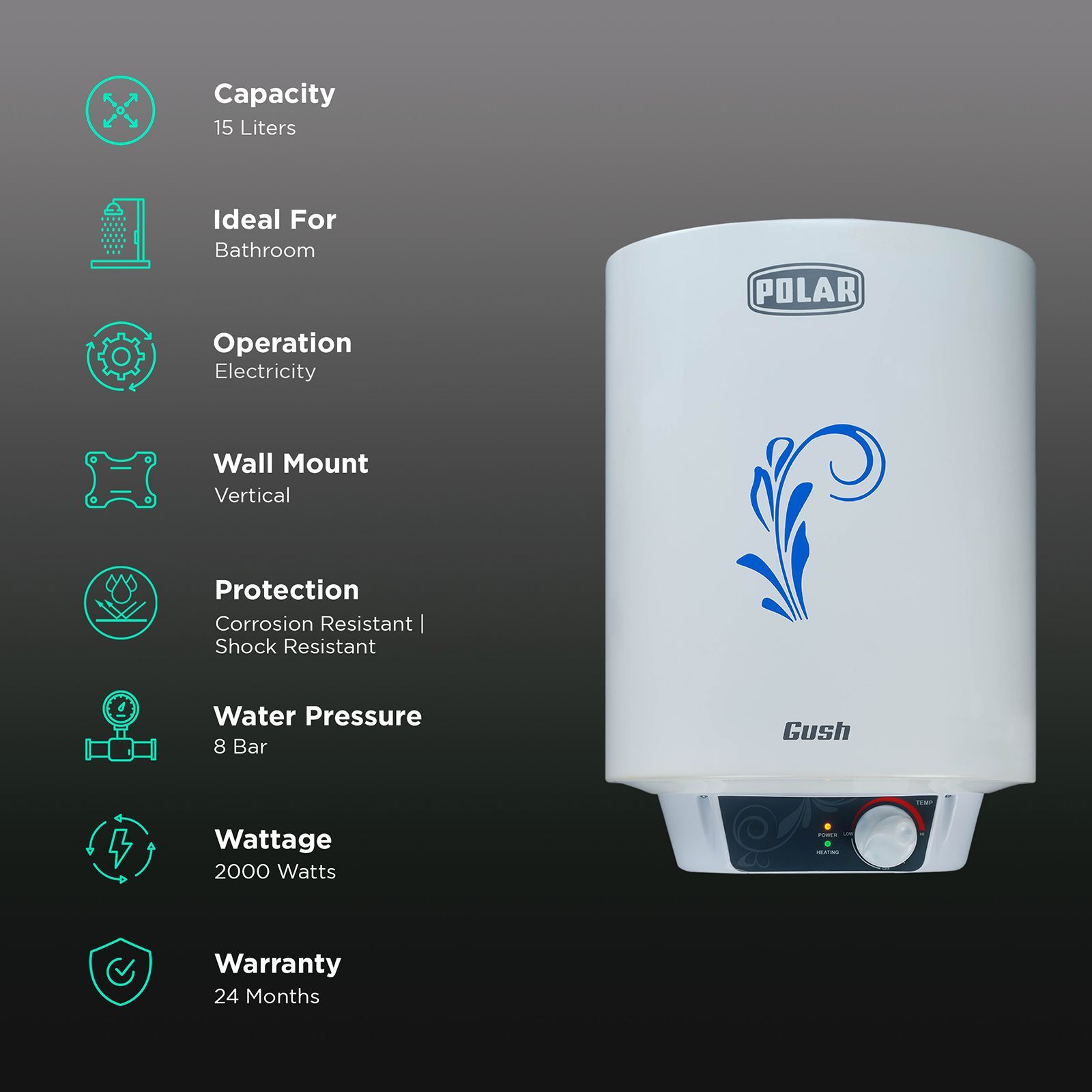 POLAR Gush 15 Litres 4 Star Vertical Storage Water Geyser with Whirlflow Technology (White)_3