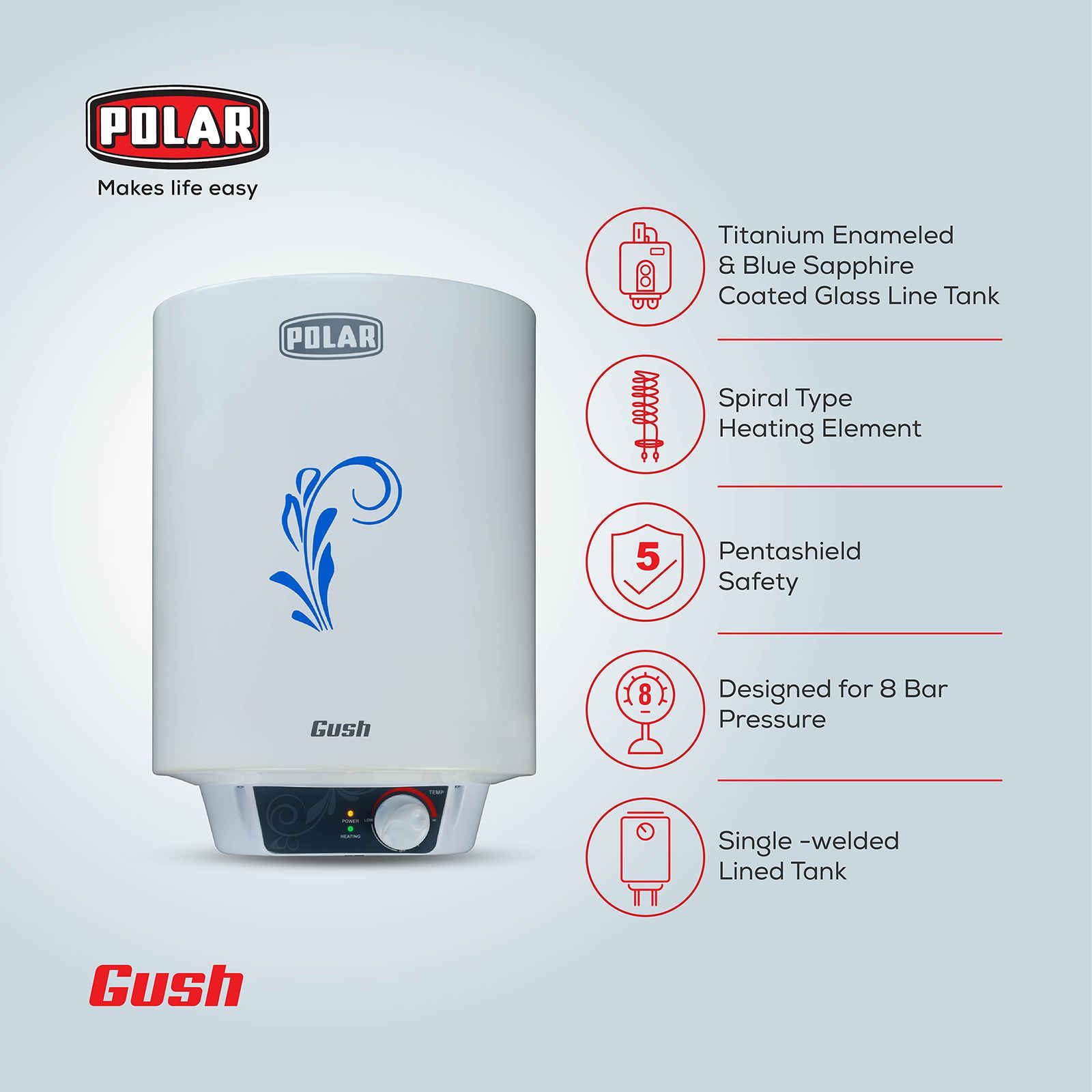 POLAR Gush 15 Litres 4 Star Vertical Storage Water Geyser with Whirlflow Technology (White)_6
