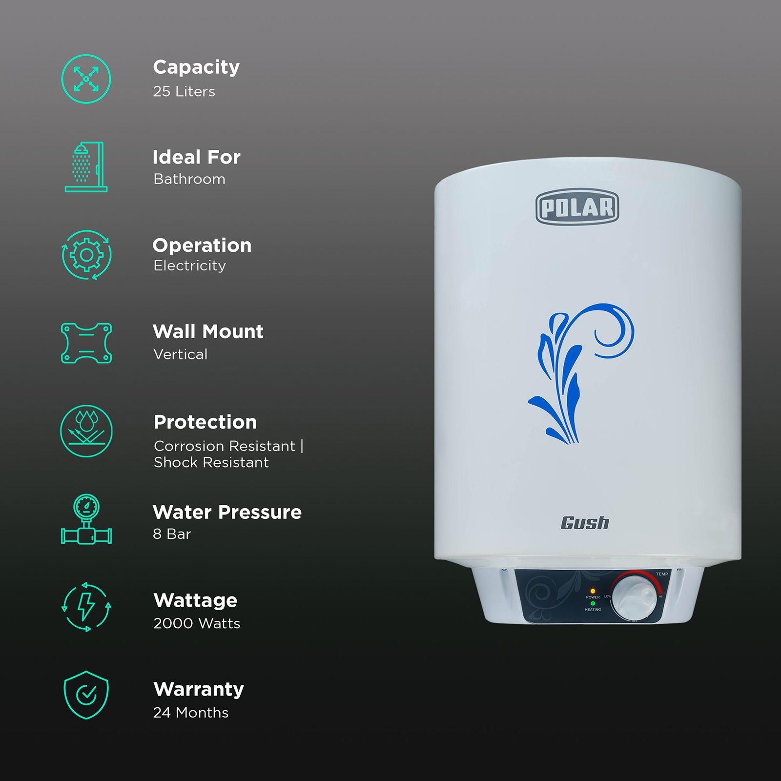 POLAR Gush 25 Litres Storage Water Geyser (2000 Watts, WHGMGL25L, White)_3