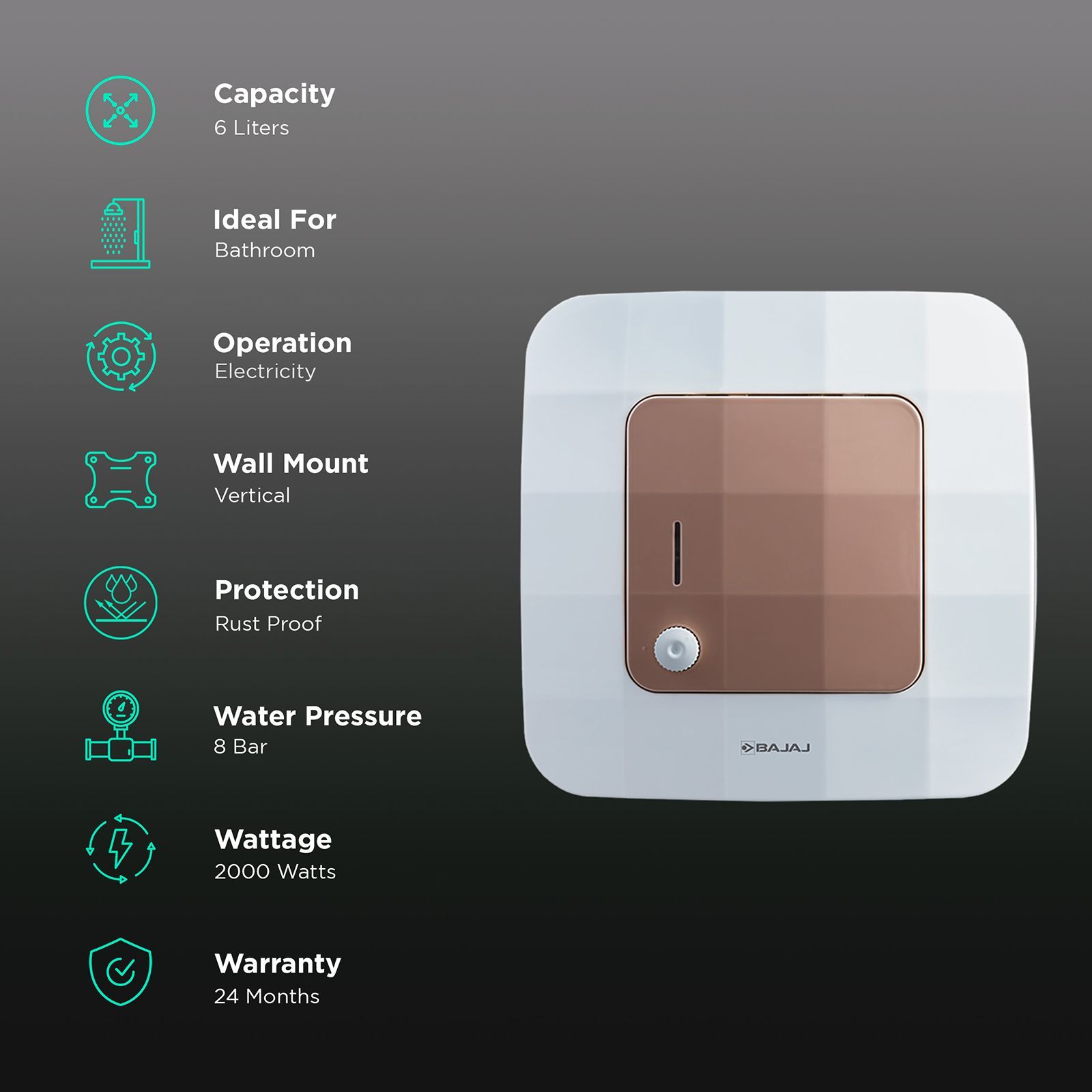 BAJAJ Maestro 6 Liters 5 Star Vertical Storage Water Heater with Copper Heating Element (White & Beige)_3