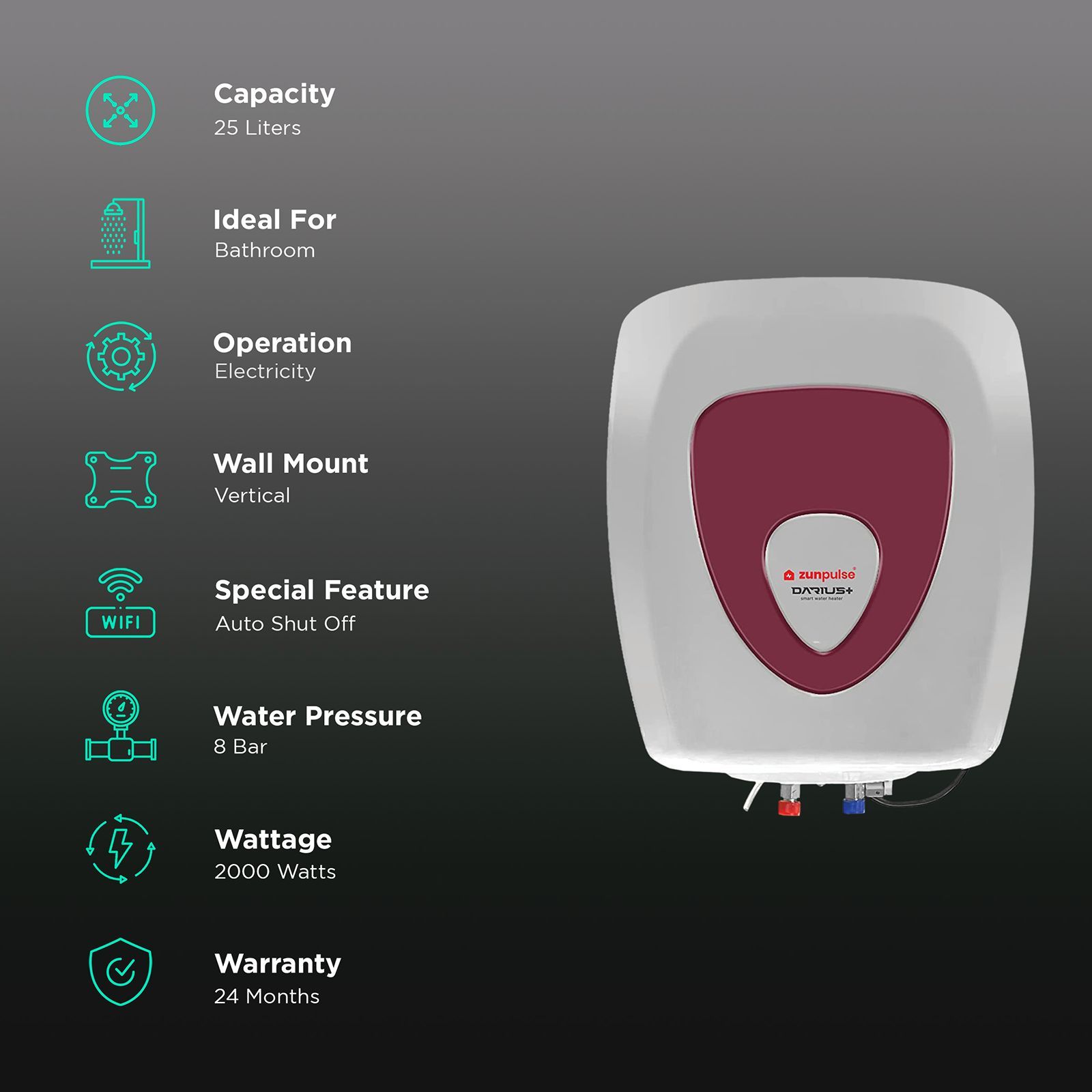 zunpulse Darius Plus 25 Litres 5 Star Vertical Smart Storage Water Geyser with Built-in Thermostat (White)_3