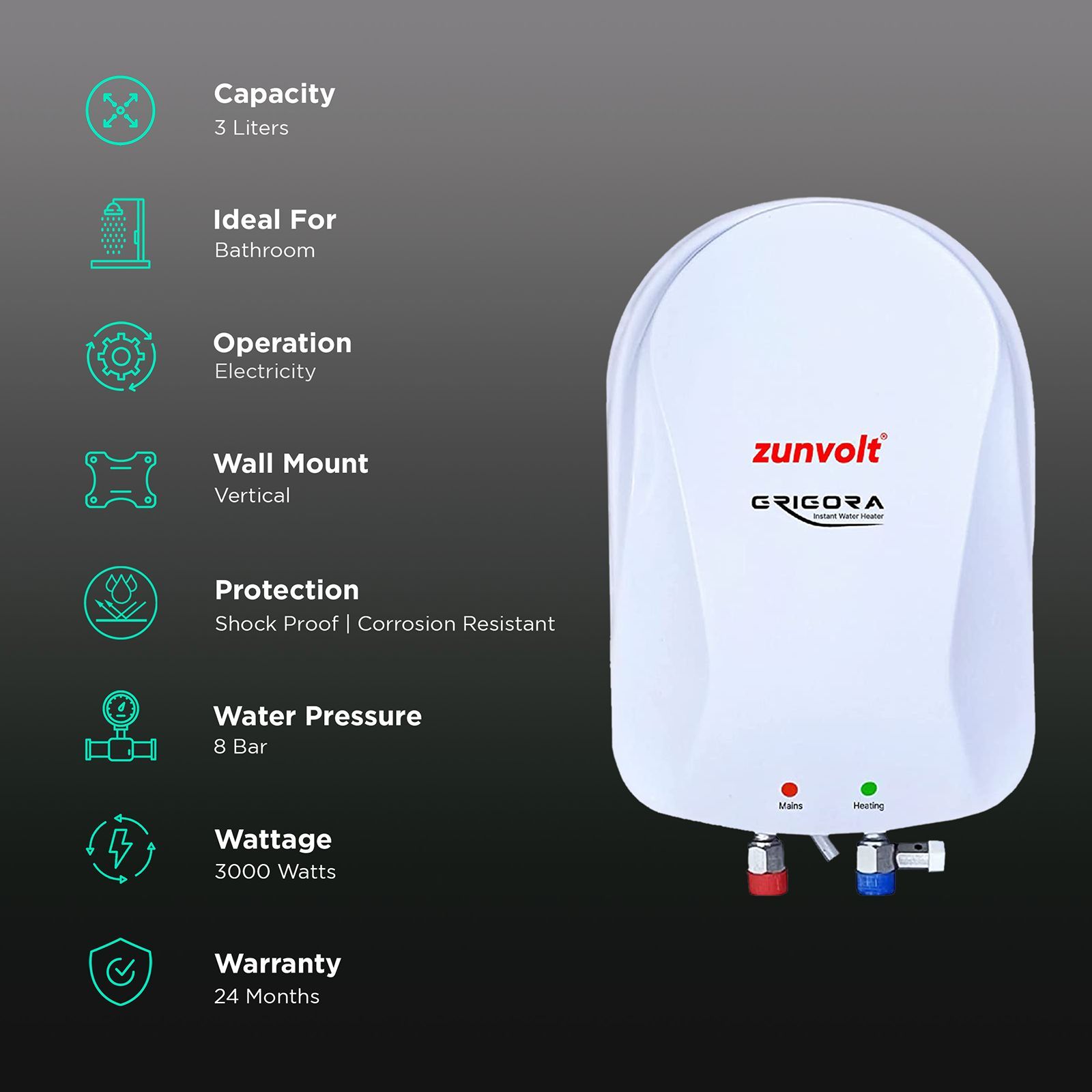 ZunVolt Grigora 3 Litres Instant Water Geyser (3000 Watts, White)_3