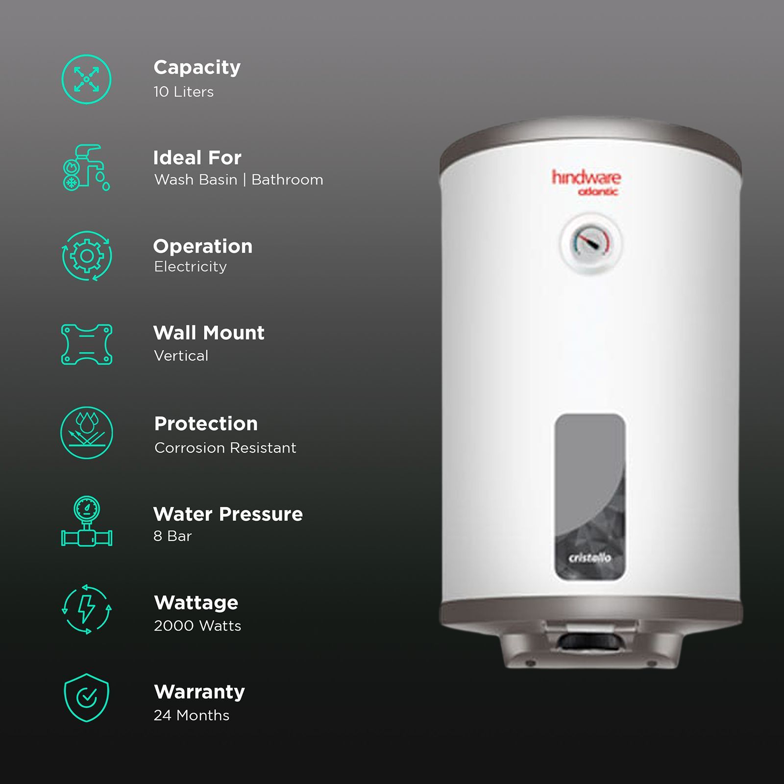 hindware Atlantic Cristallo 10 Litres 5 Star Storage Water Heater (2000 Watts, 516333, White)_3