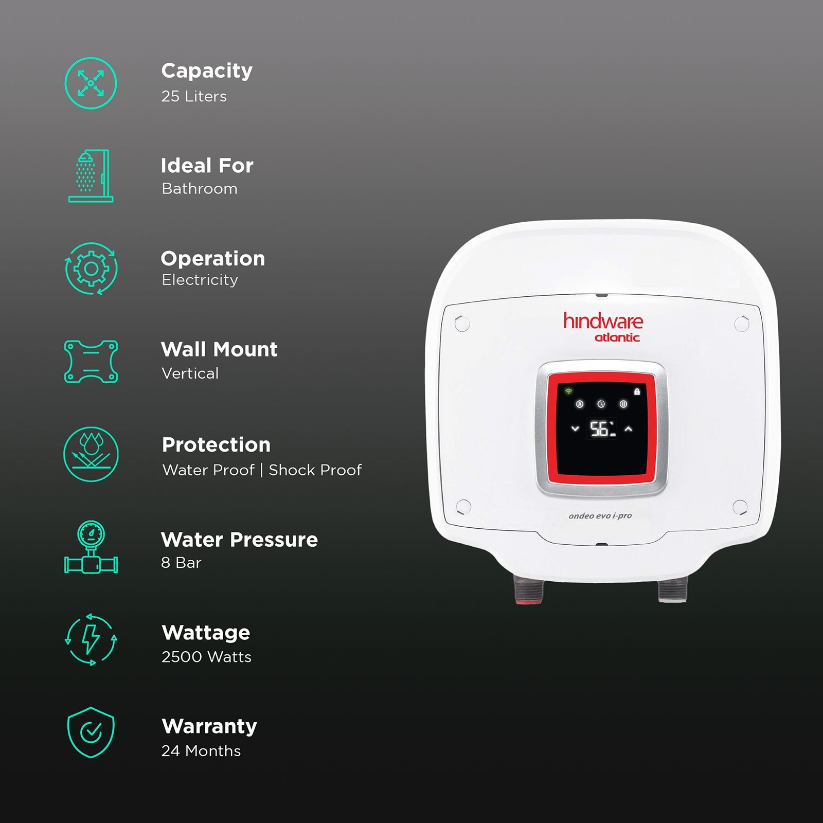 hindware Atlantic Ondeo Evo i-Pro 25 Litres 5 Star Smart Storage Water Heater (2500 Watts, 518044, White)_3