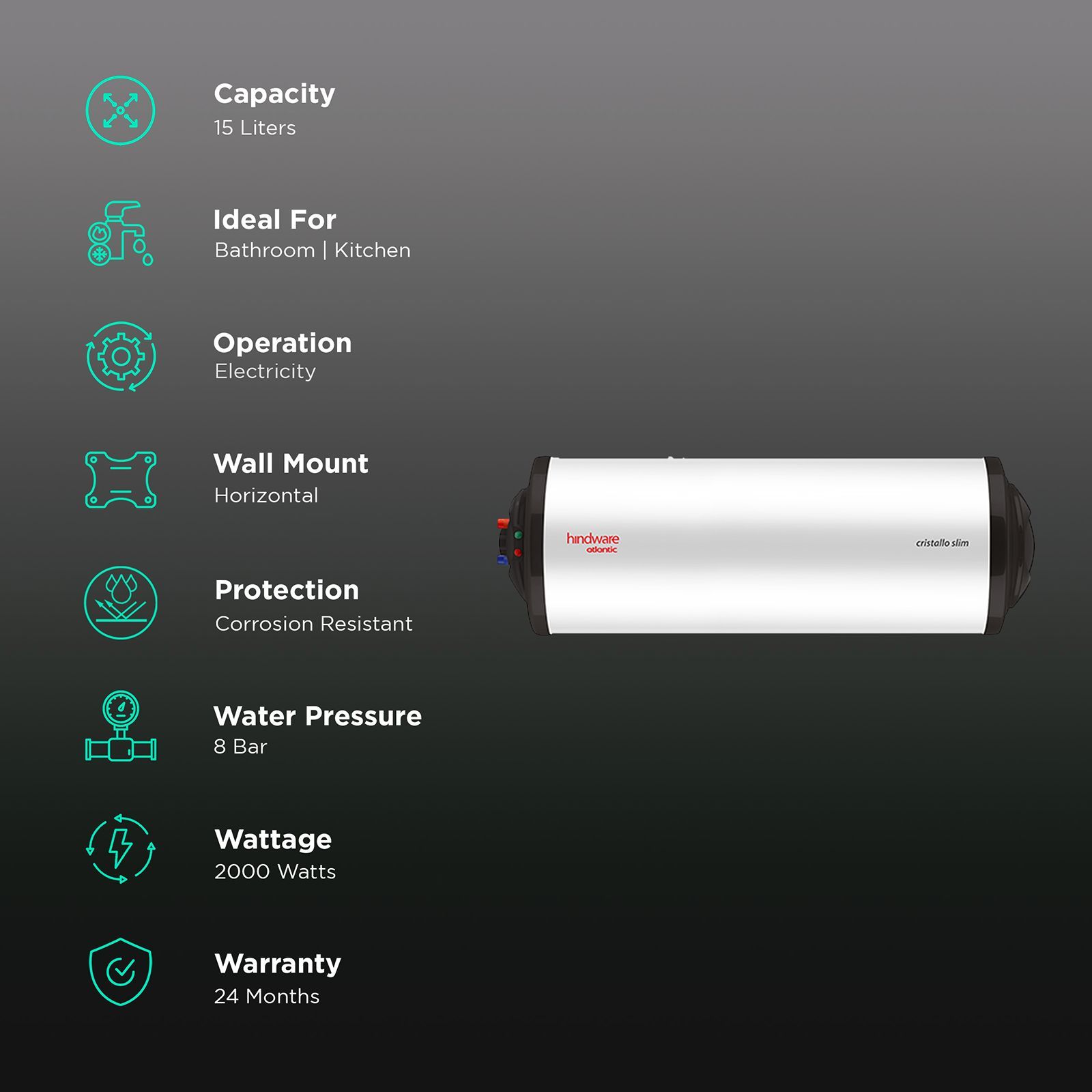 hindware Atlantic Cristallo Slim 15 Litres 3 Star Storage Water Heater (2000 Watts, 519893, White)_3