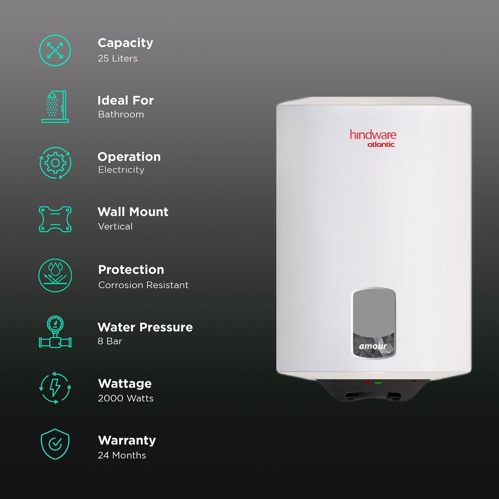 hindware Amour 25 Litres 4 Star Vertical Storage Water Geyser with Copper Heating Element (White)_3