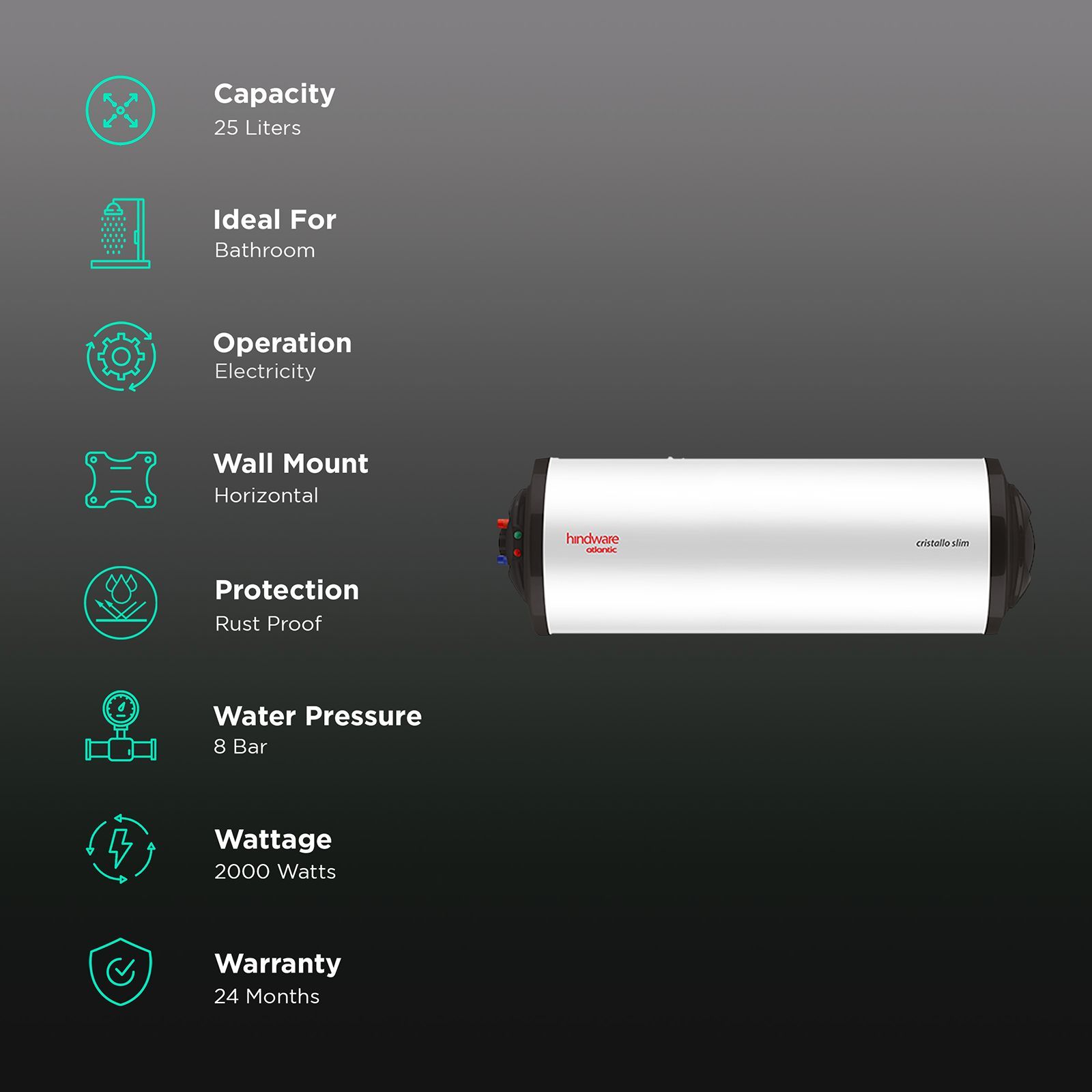 hindware Atlantic Cristallo Slim 25 Litres 3 Star Storage Water Heater (2000 Watts, 521646, White)_3