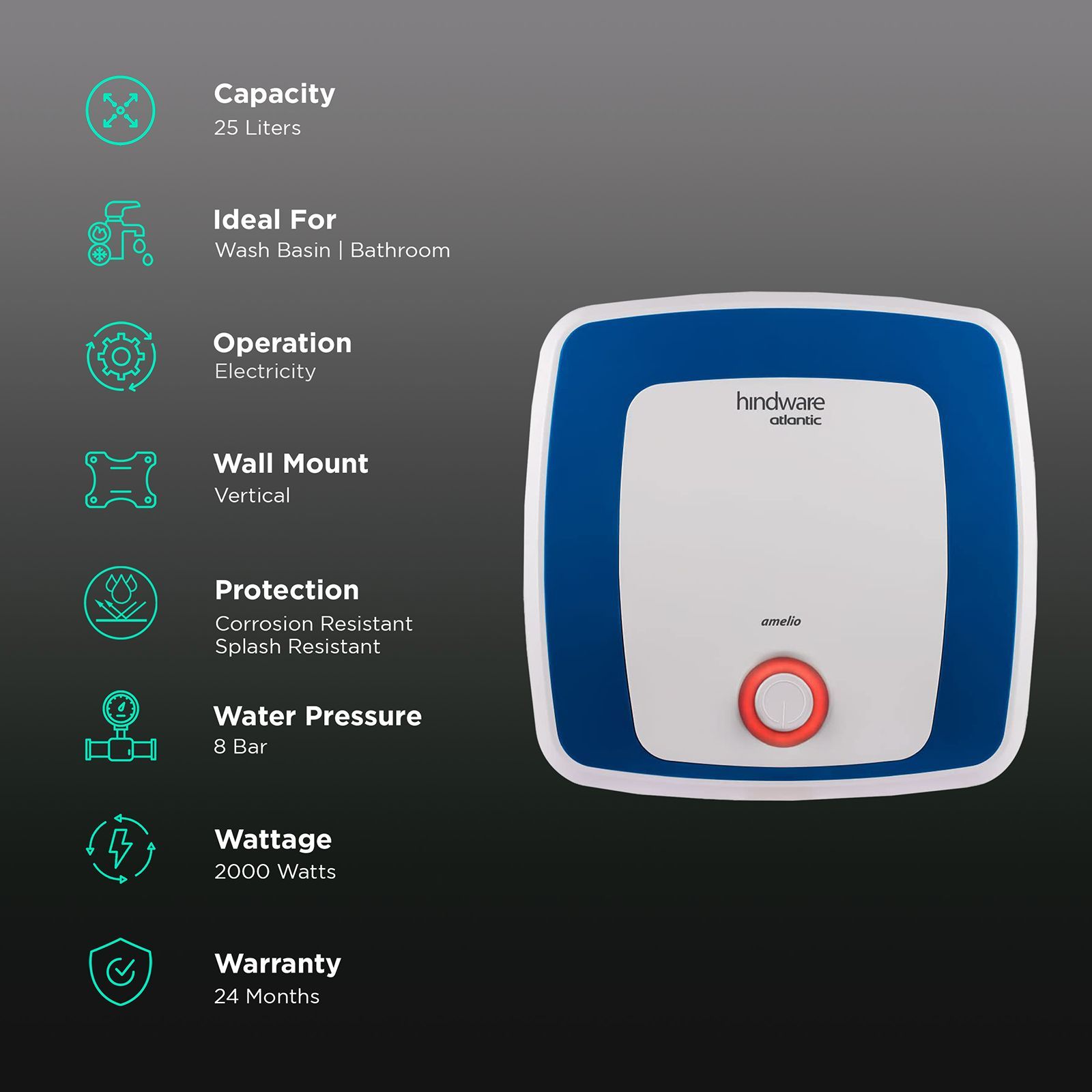 hindware Atlantic Amelio 25 Litres 5 Star Vertical Storage Water Geyser with Copper Heating Element (White Blue)_3