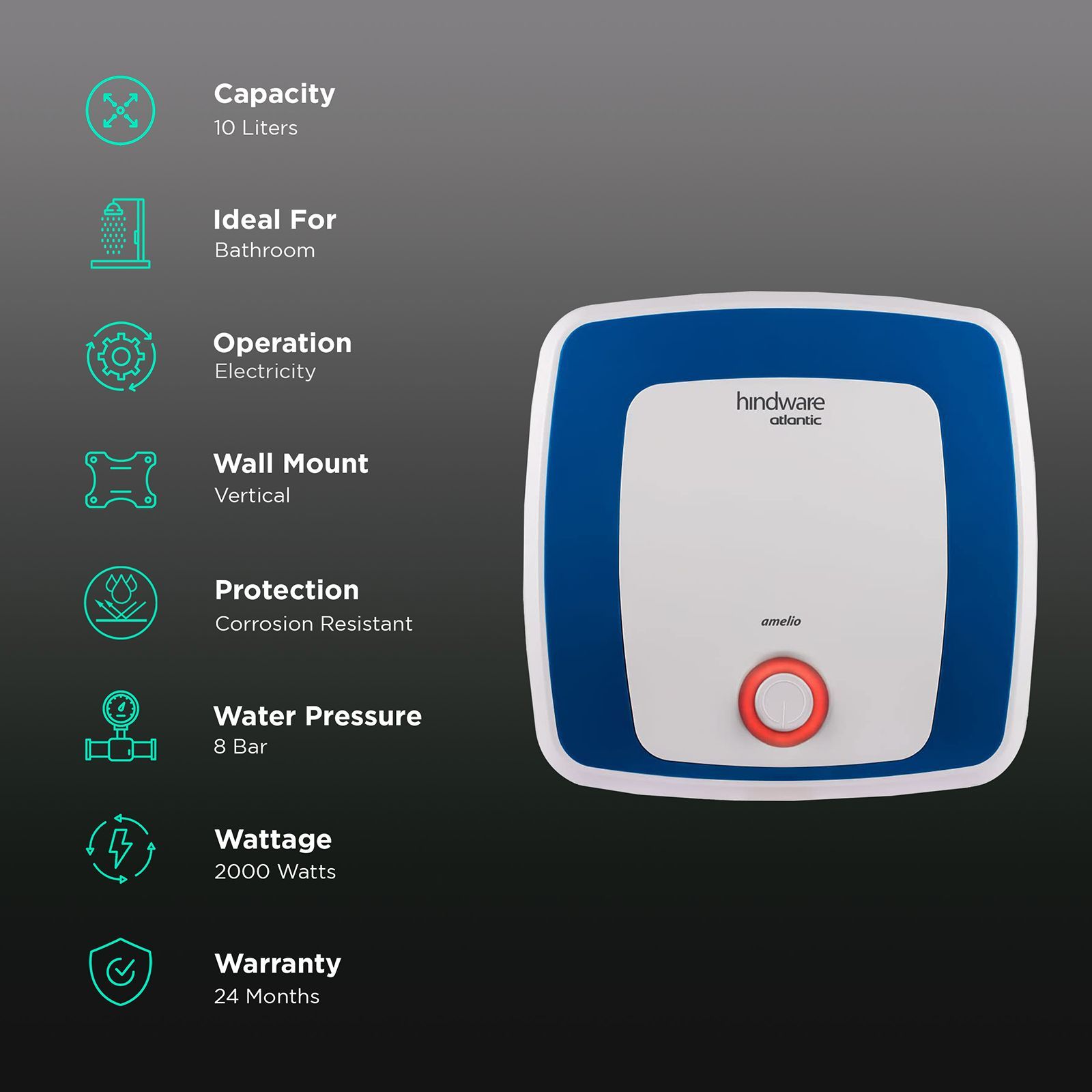 hindware Atlantic Amelio 10 Litres 5 Star Vertical Storage Water Geyser with Built-in Thermostat (White)_3