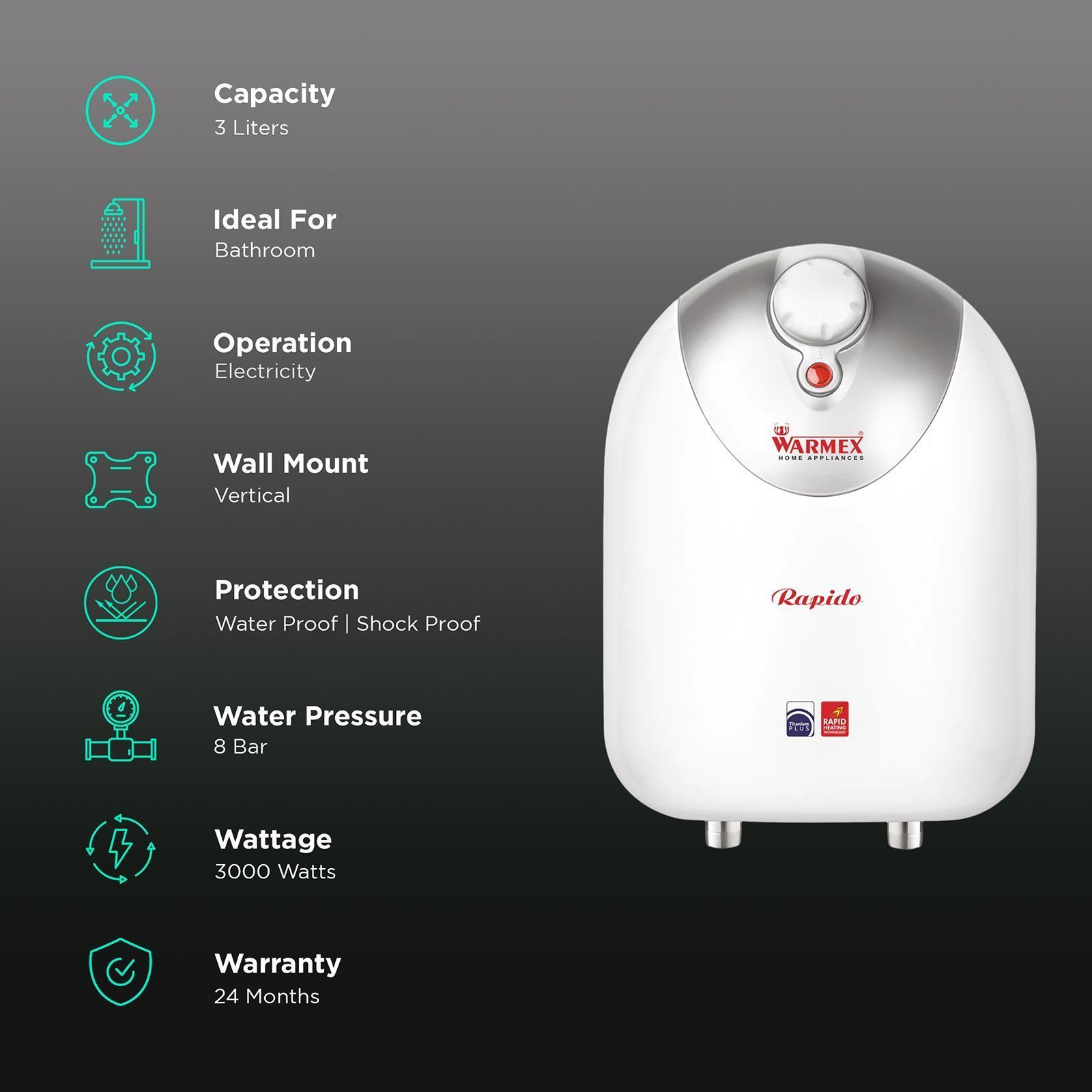 WARMEX Rapido 3 Litres Instant Water Geyser (3000 Watts, White and Silver)_3