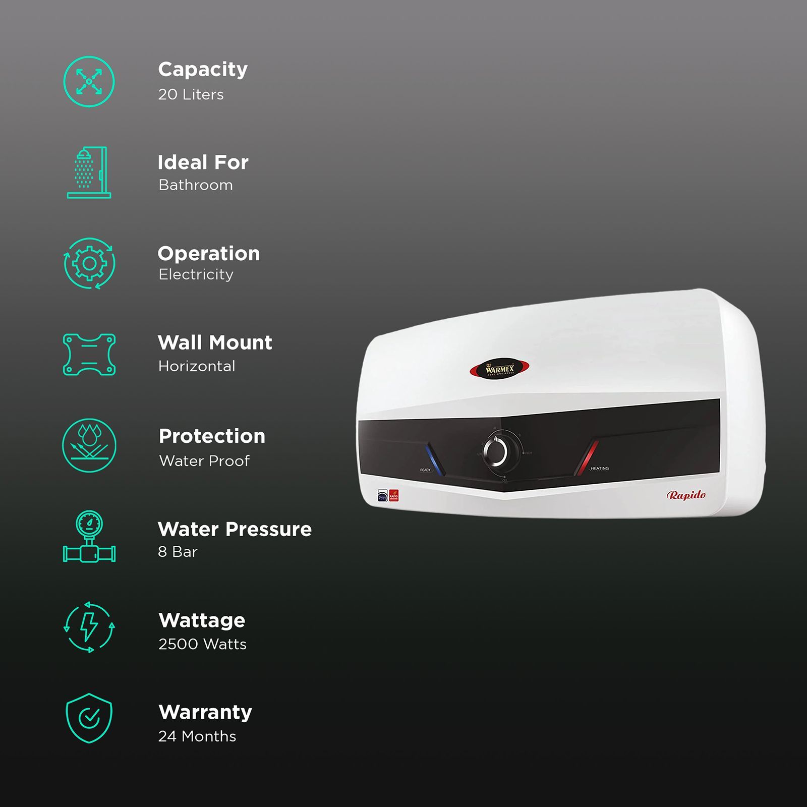 WARMEX Rapido 20 Litres 5 Star Storage Water Geyser (2500 Watts, White)_3