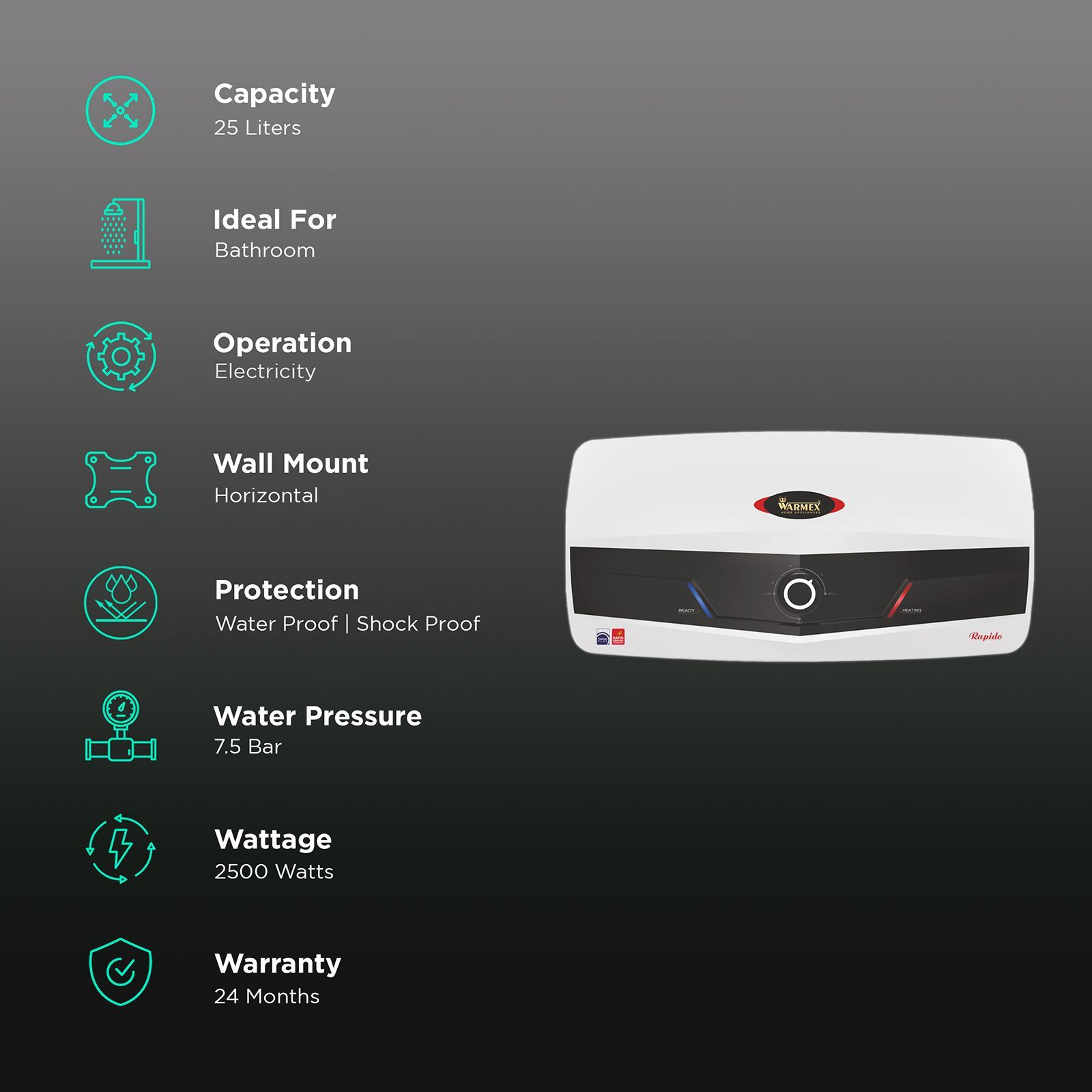 WARMEX Rapido 30 25 Litres 5 Star Storage Water Geyser (2500 Watts, White and Black) WARMEX Rapido 30 25 Litres 5 Star Storage Water Geyser (2500 Watts, White and Black)_3