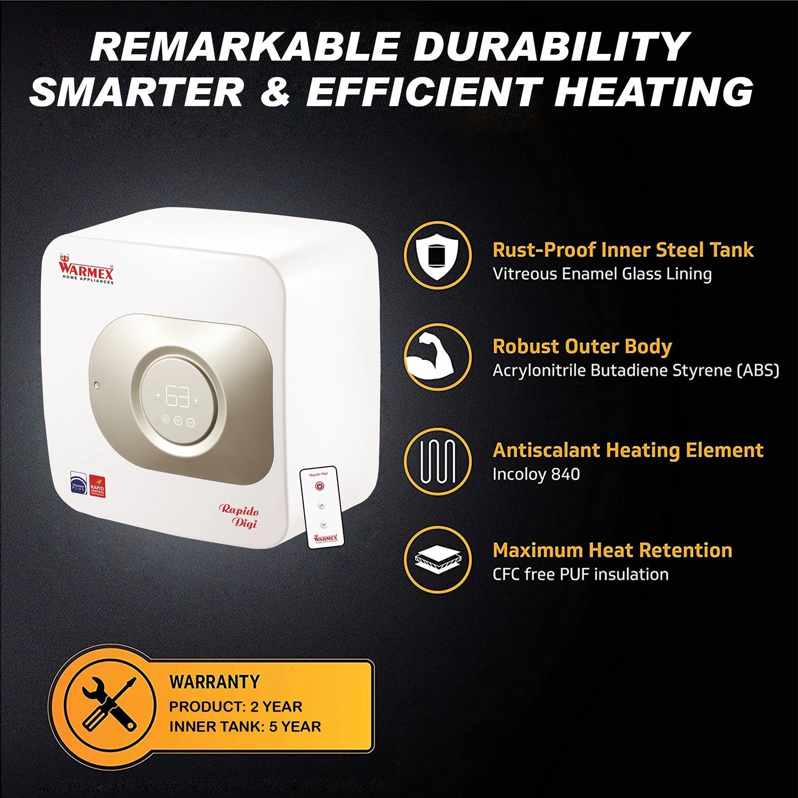 WARMEX Rapido Digi 15 Litres 5 Star Storage Water Geyser (2000 Watts, White and Golden)_8
