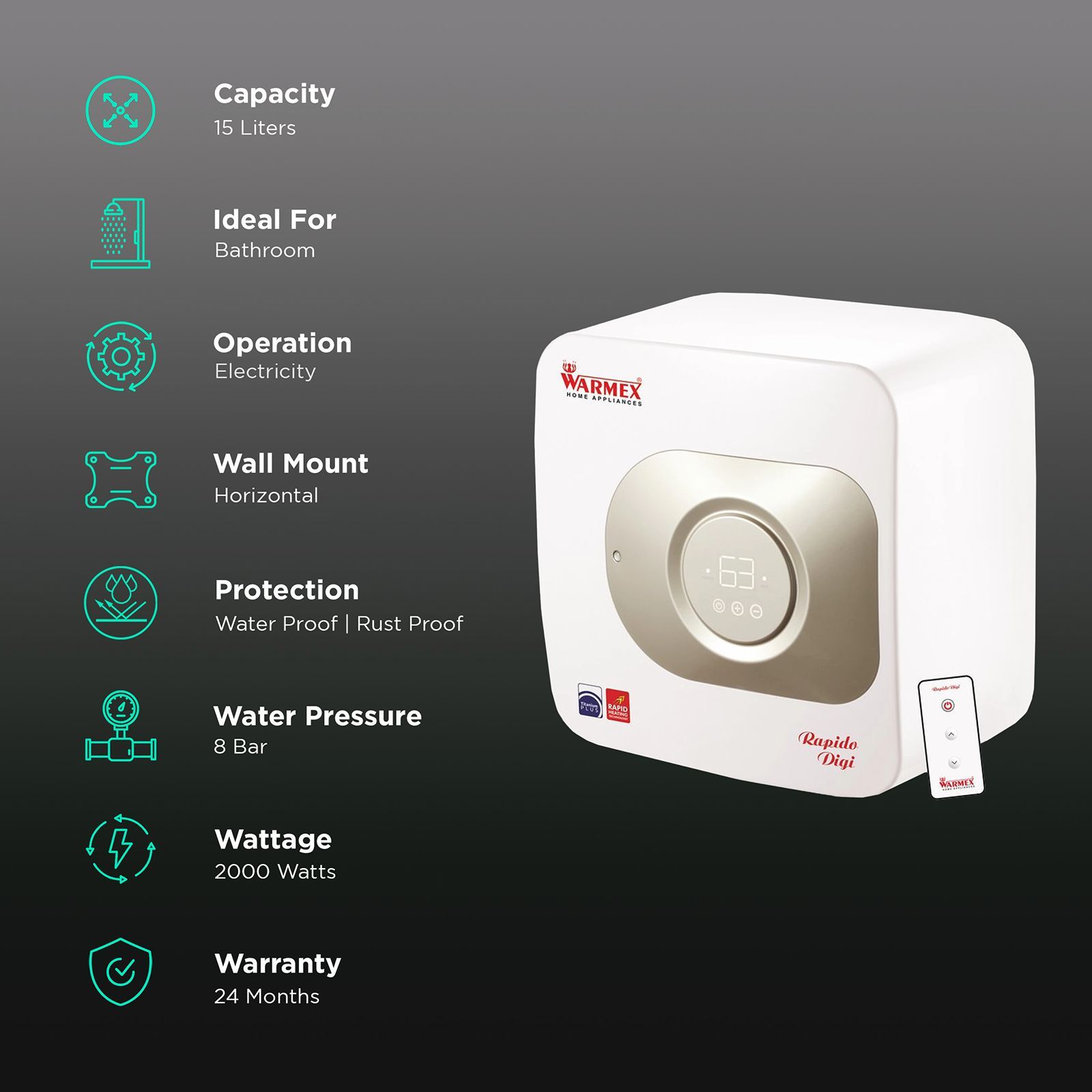 WARMEX Rapido Digi 15 Litres 5 Star Storage Water Geyser (2000 Watts, White and Golden)_3