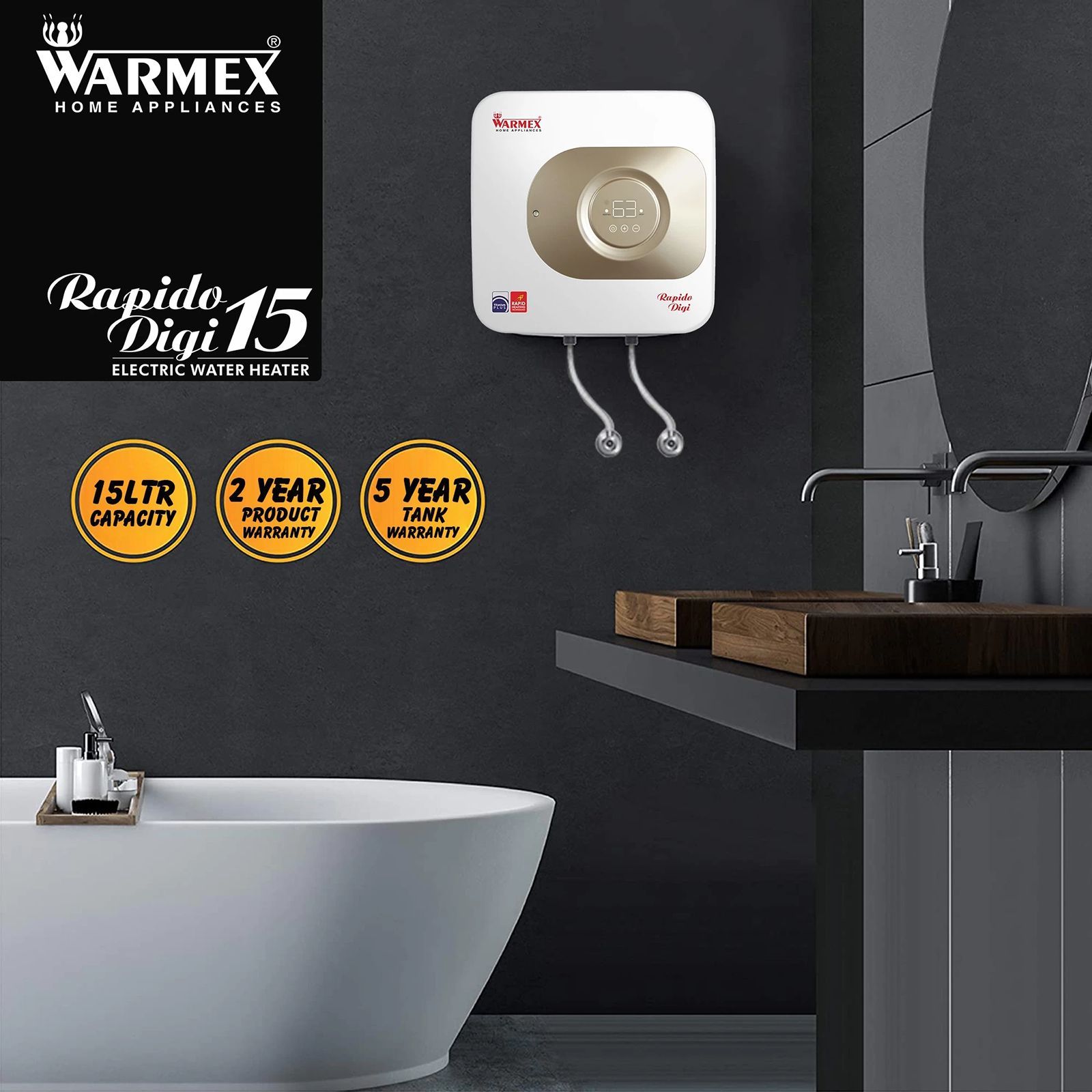 WARMEX Rapido Digi 15 Litres 5 Star Storage Water Geyser (2000 Watts, White and Golden)_6