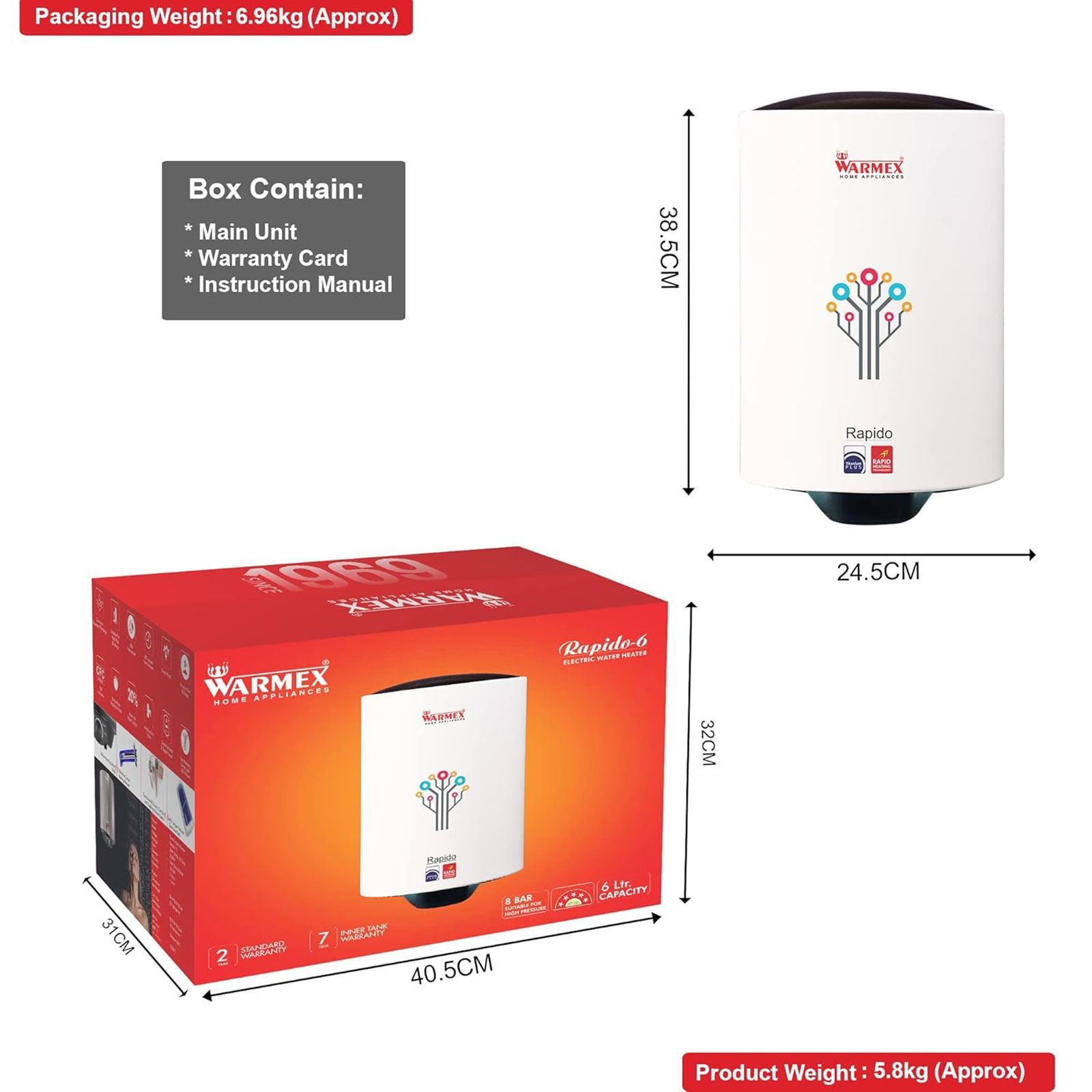 WARMEX Rapido 6 Litres 5 Star Vertical Storage Water Geyser with Feather Touch Control Panel (White)_8