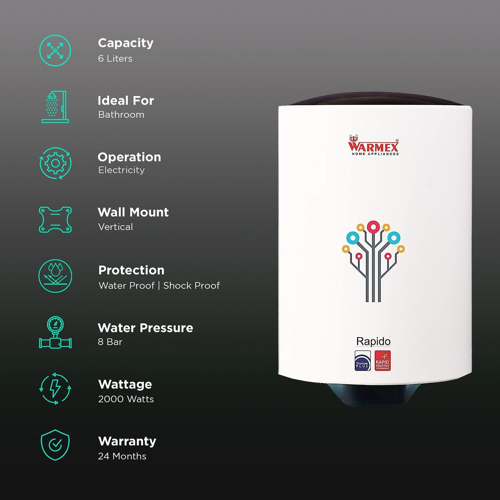 WARMEX Rapido 6 Litres 5 Star Vertical Storage Water Geyser with Feather Touch Control Panel (White)_3