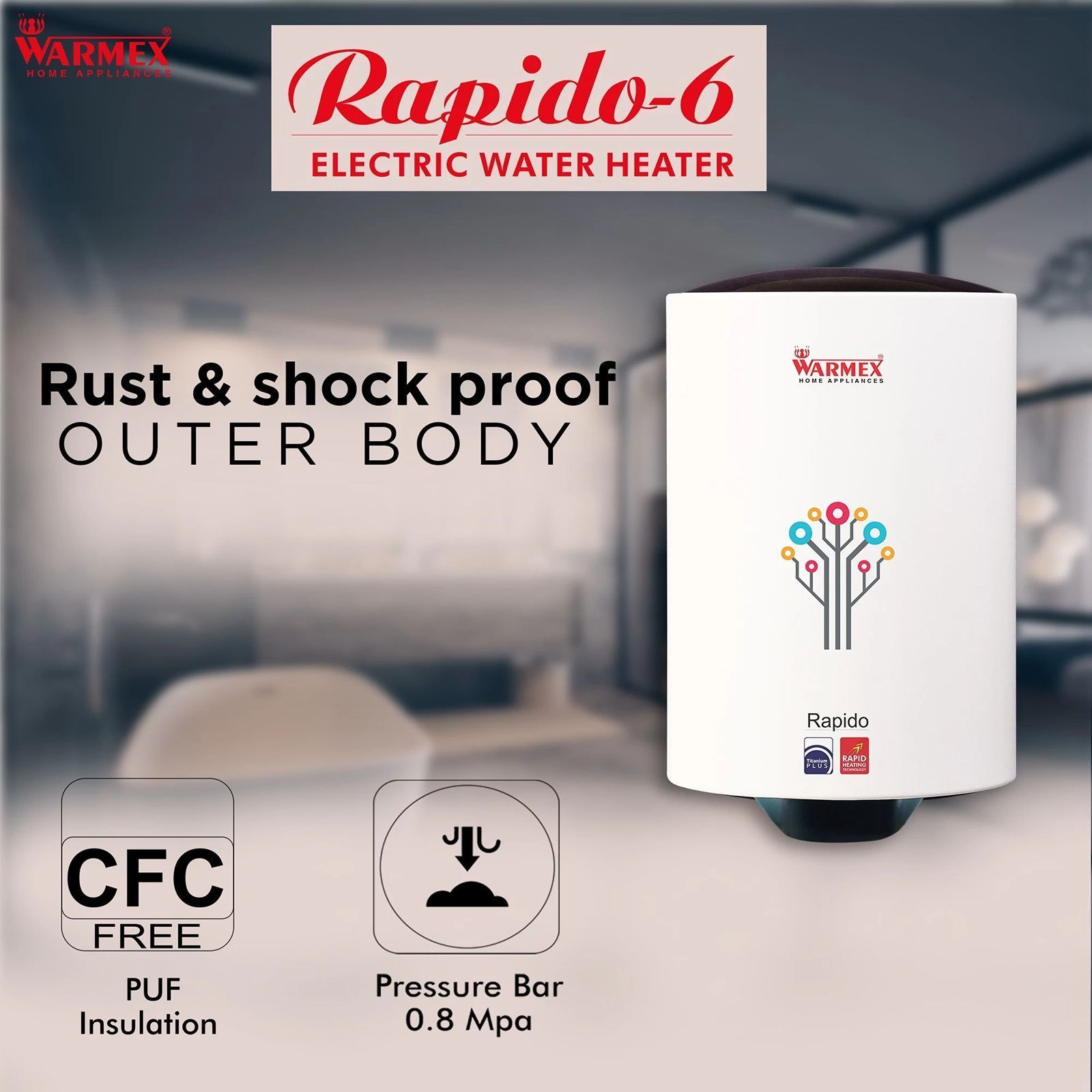 WARMEX Rapido 6 Litres 5 Star Vertical Storage Water Geyser with Feather Touch Control Panel (White)_5