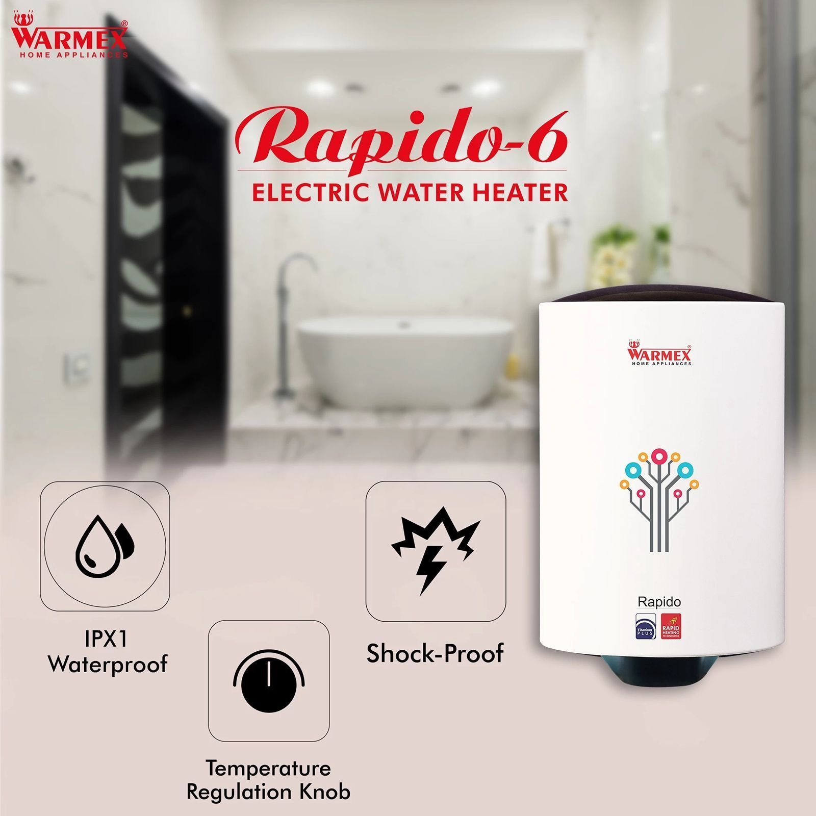 WARMEX Rapido 6 Litres 5 Star Vertical Storage Water Geyser with Feather Touch Control Panel (White)_6