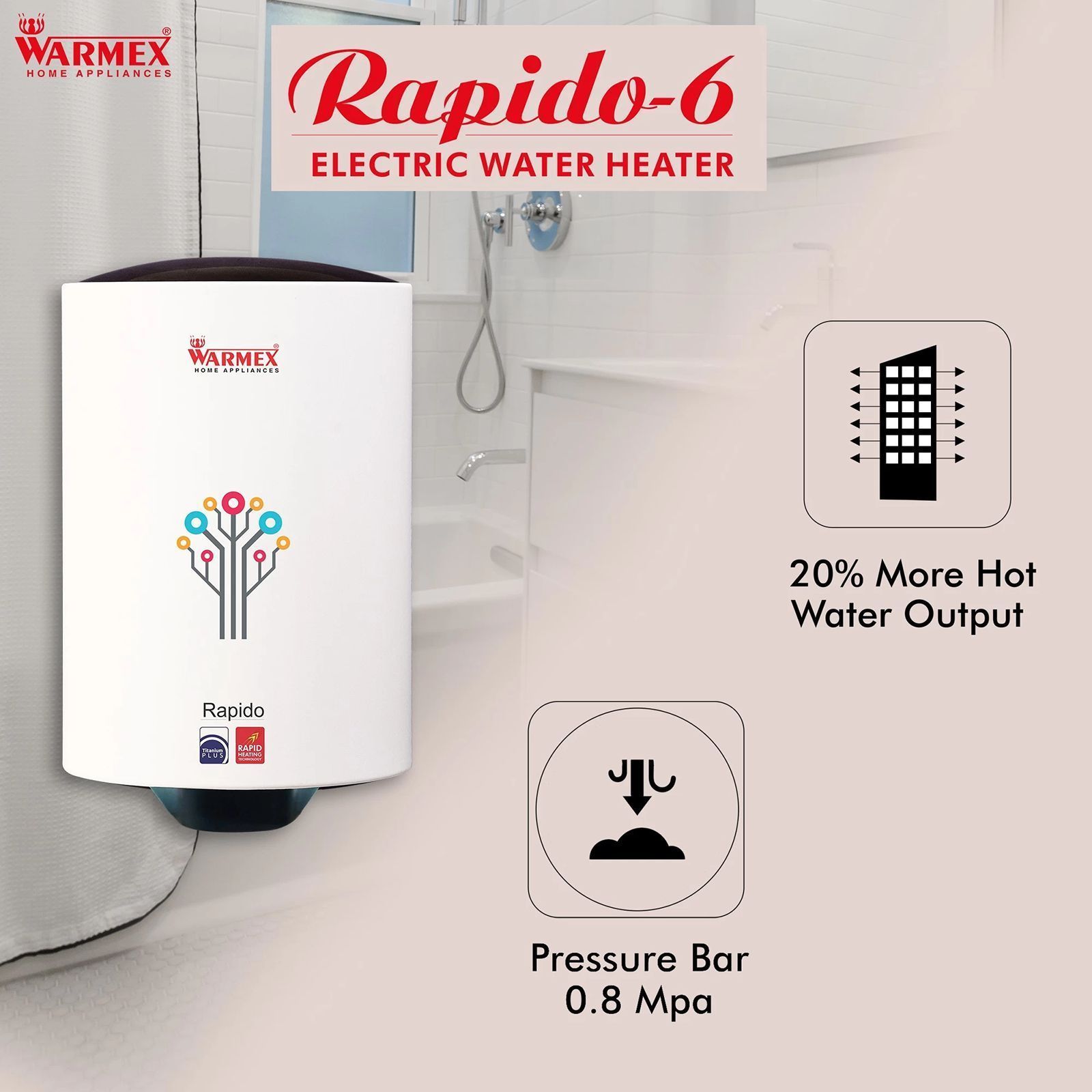WARMEX Rapido 6 Litres 5 Star Vertical Storage Water Geyser with Feather Touch Control Panel (White)_7