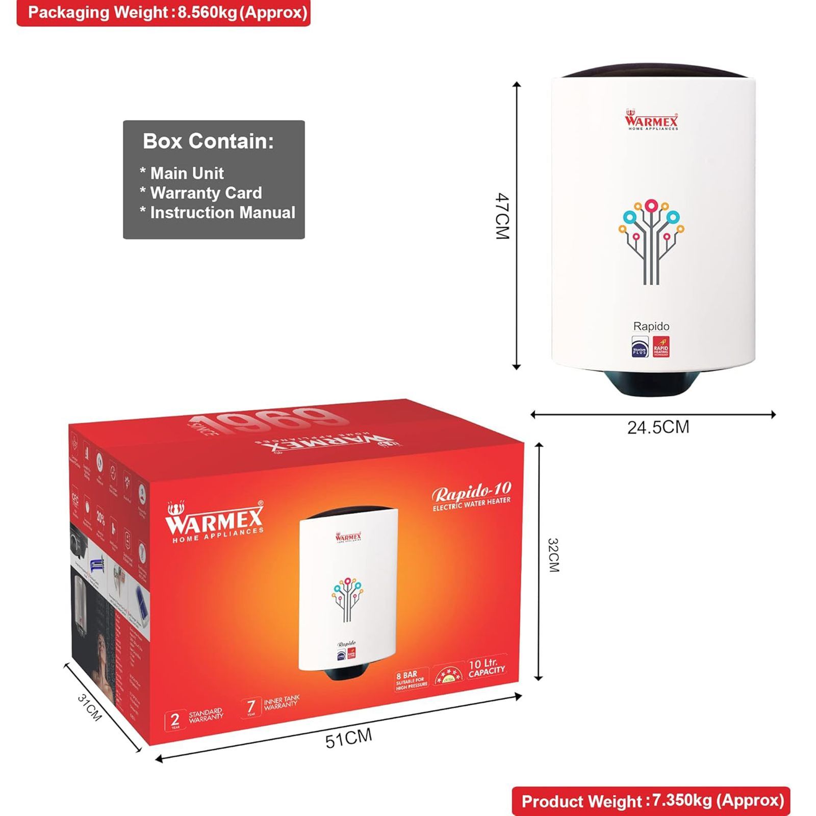 WARMEX Rapido 10 Litres 5 Star Vertical Storage Water Geyser with Sapphire Heating Element (White)_8