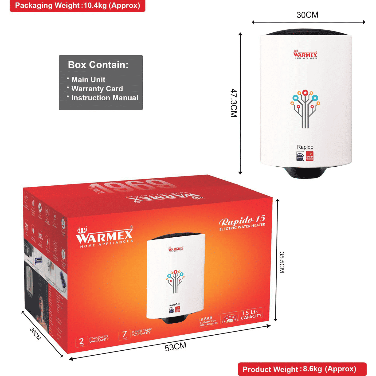 WARMEX Rapido 15 Litres 5 Star Vertical Storage Water Geyser with Over Heat Protection (White)_5