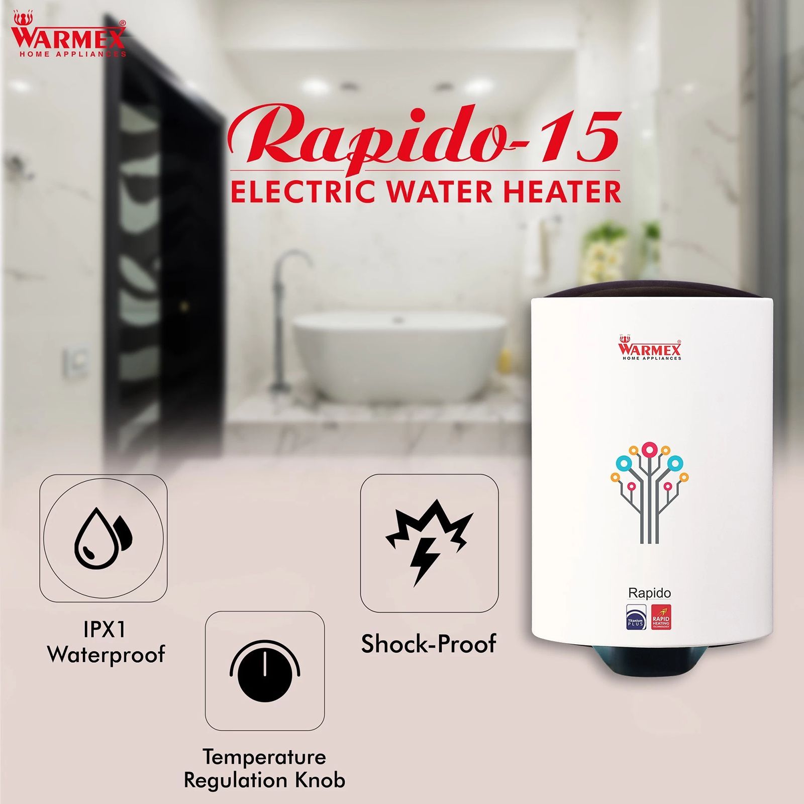 WARMEX Rapido 15 Litres 5 Star Vertical Storage Water Geyser with Over Heat Protection (White)_6