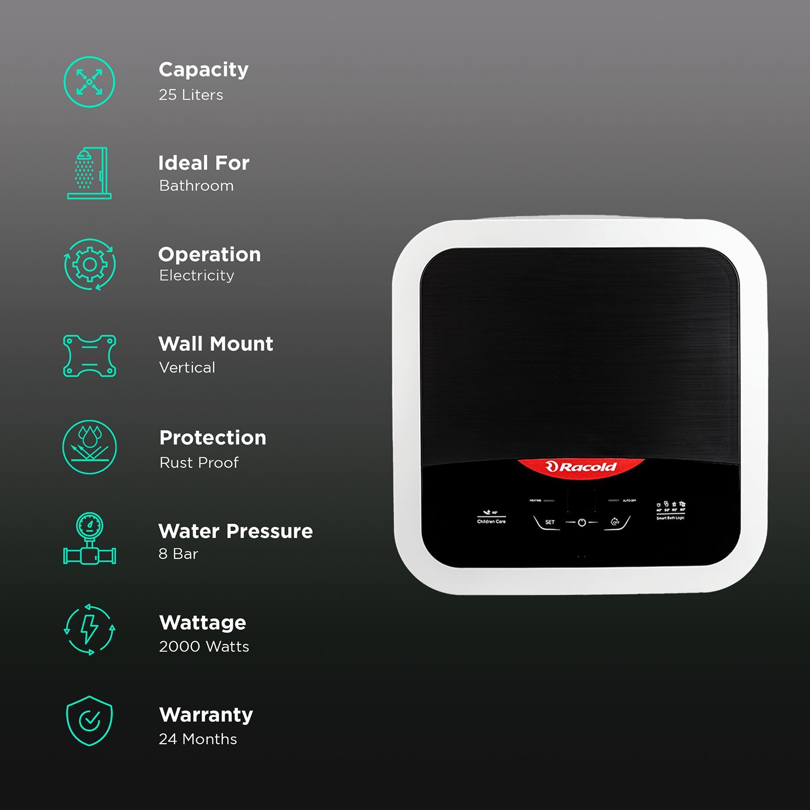 Racold Omnis DG 25 Litres 5 Star Vertical Storage Water Geyser with Built-in Thermostat (Black)_3