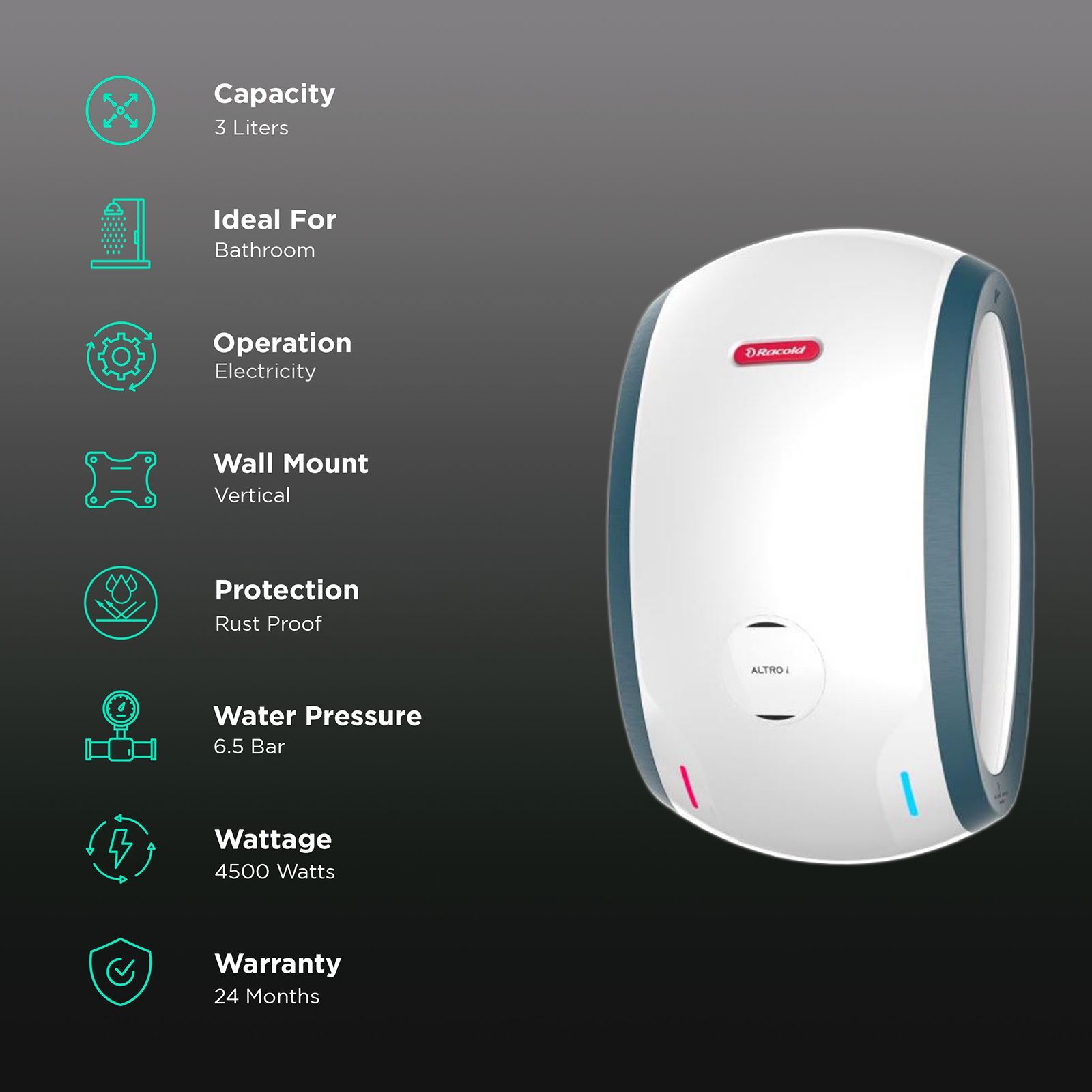 Racold Altro iRS 3 Litres Instant Water Geyser (4500 Watts, 3803286, White/Green)_3