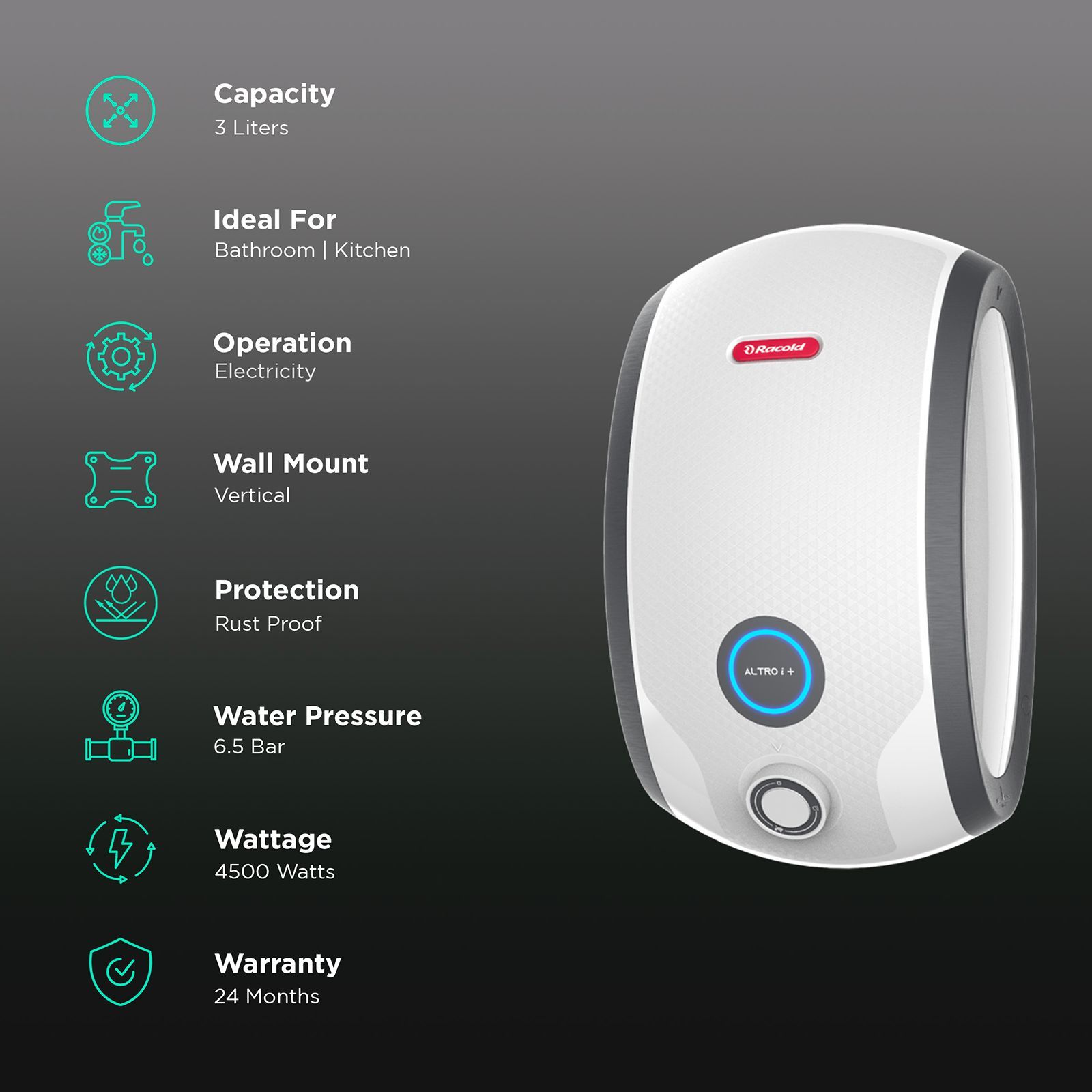 Racold Altro i Plus 3 Litres Instant Water Geyser (4500 Watts, 3803274, White and Grey)_3