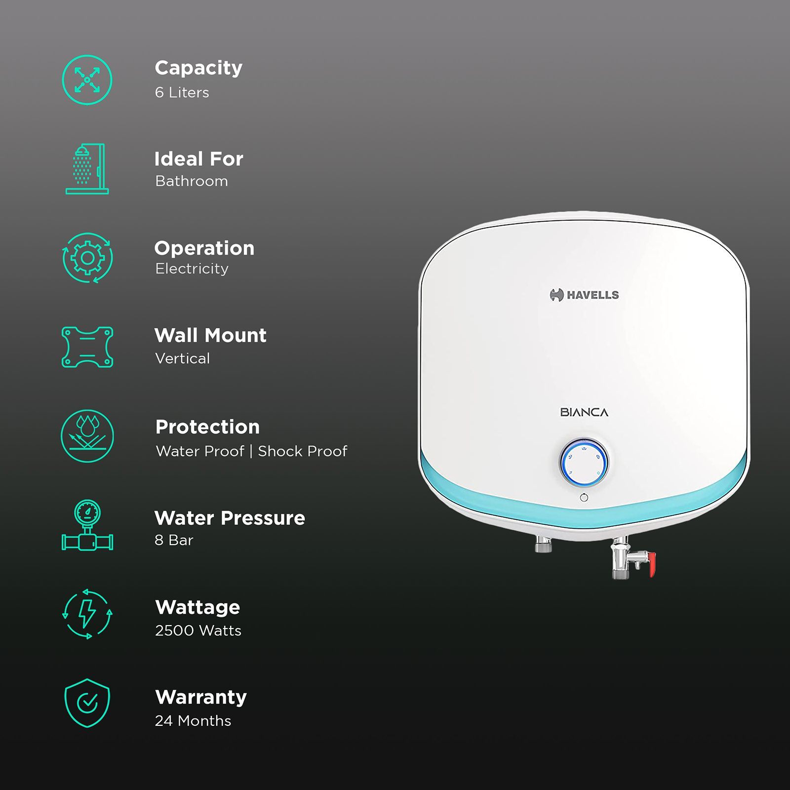 HAVELLS Bianca 6 Litres 5 Star Vertical Storage Water Geyser with Thick Rolled Steel Tank (White and Blue)_3