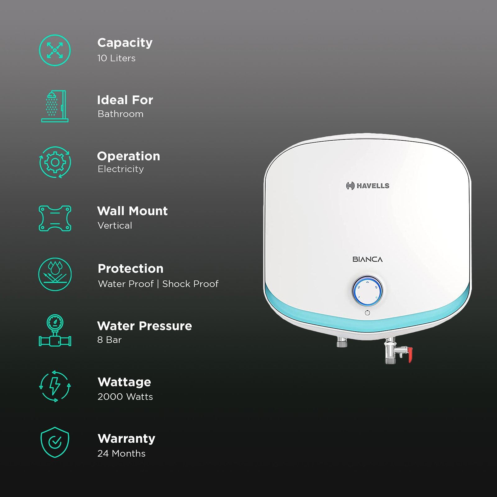 HAVELLS Bianca 10 Litre 5 Star Vertical Storage Geyser with Whirl Flow Technology (White & Blue) HAVELLS Bianca 10 Litre 5 Star Vertical Storage Geyser with Whirl Flow Technology (White & Blue)_3