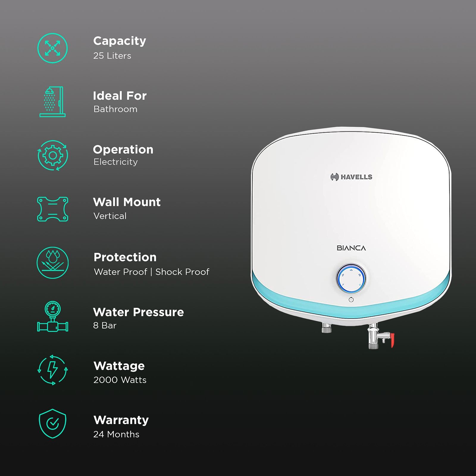 HAVELLS Bianca 25 Litre 5 Star Vertical Storage Geyser with Whirl Flow Technology (White & Blue)_3