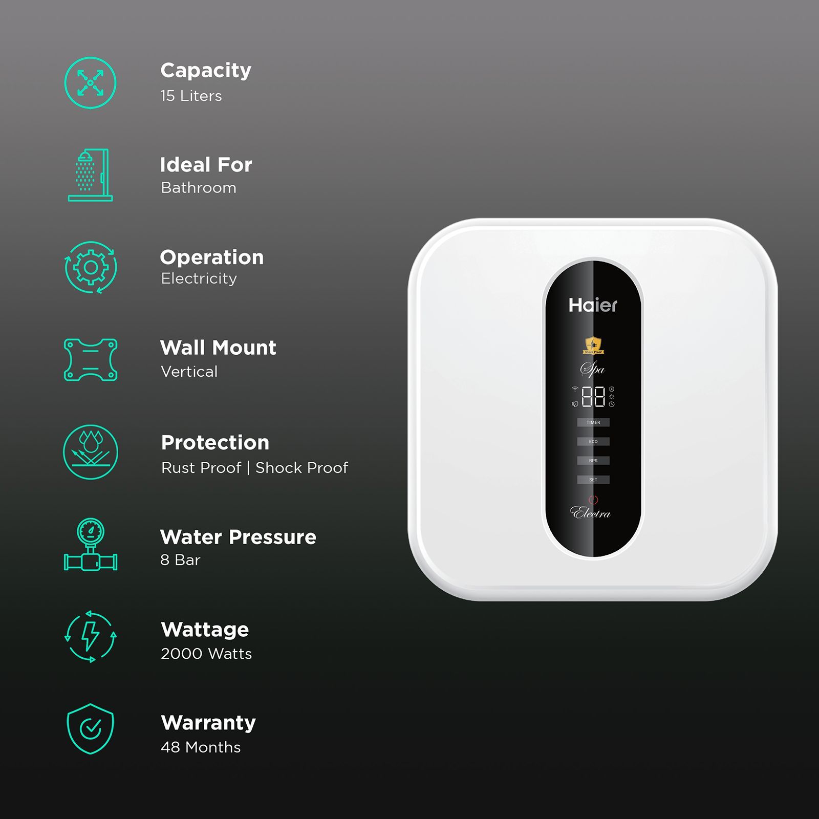 Haier Spa Series 15 Litres Storage Water Geyser (2000 Watts, GA07LN00B, White)_3