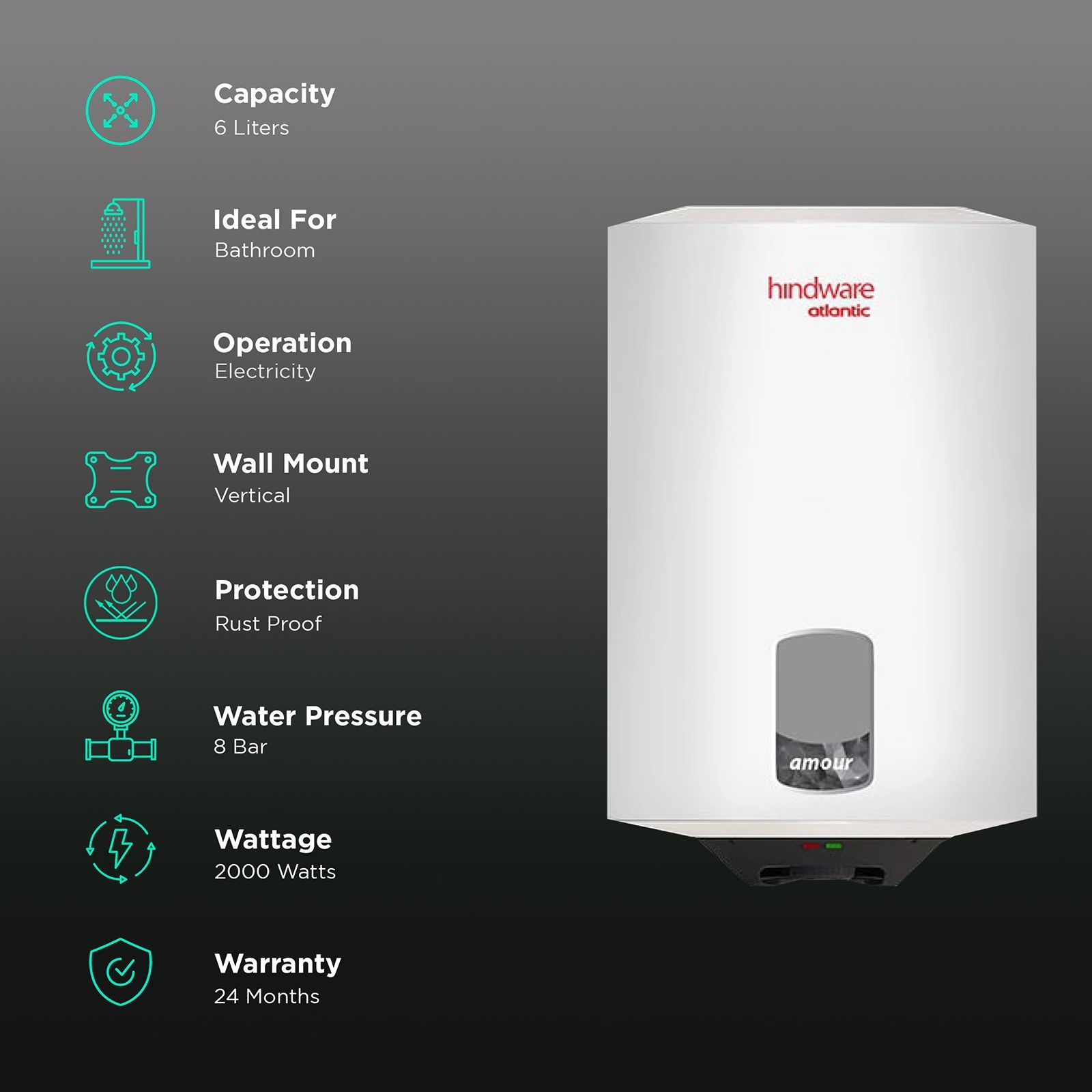 hindware Amour 6 Litres 4 Star Vertical Storage Water Geyser with Copper Heating Element (White)_3