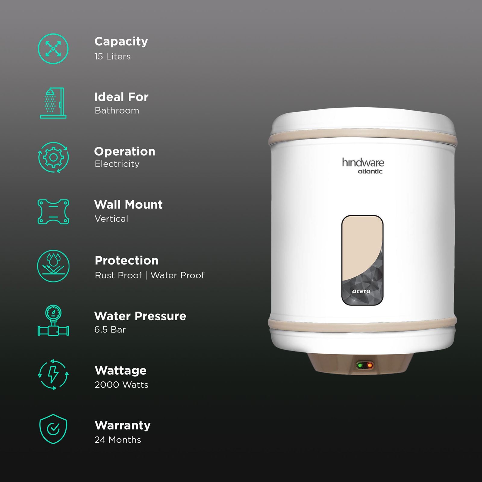 hindware Acero 15 Litres 4 Star Vertical Storage Water Geyser with Copper Heating Element (White and Grey)_3