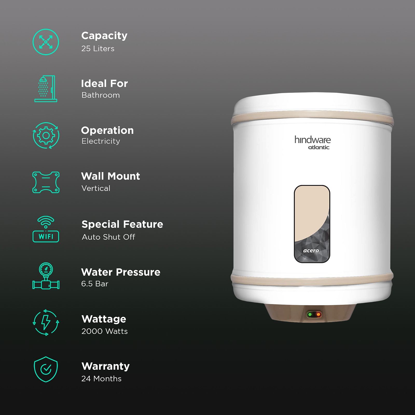 hindware Atlantic Acero 25 Litres 4 Star Vertical Storage Water Geyser with Copper Heating Element (White and Grey)_3