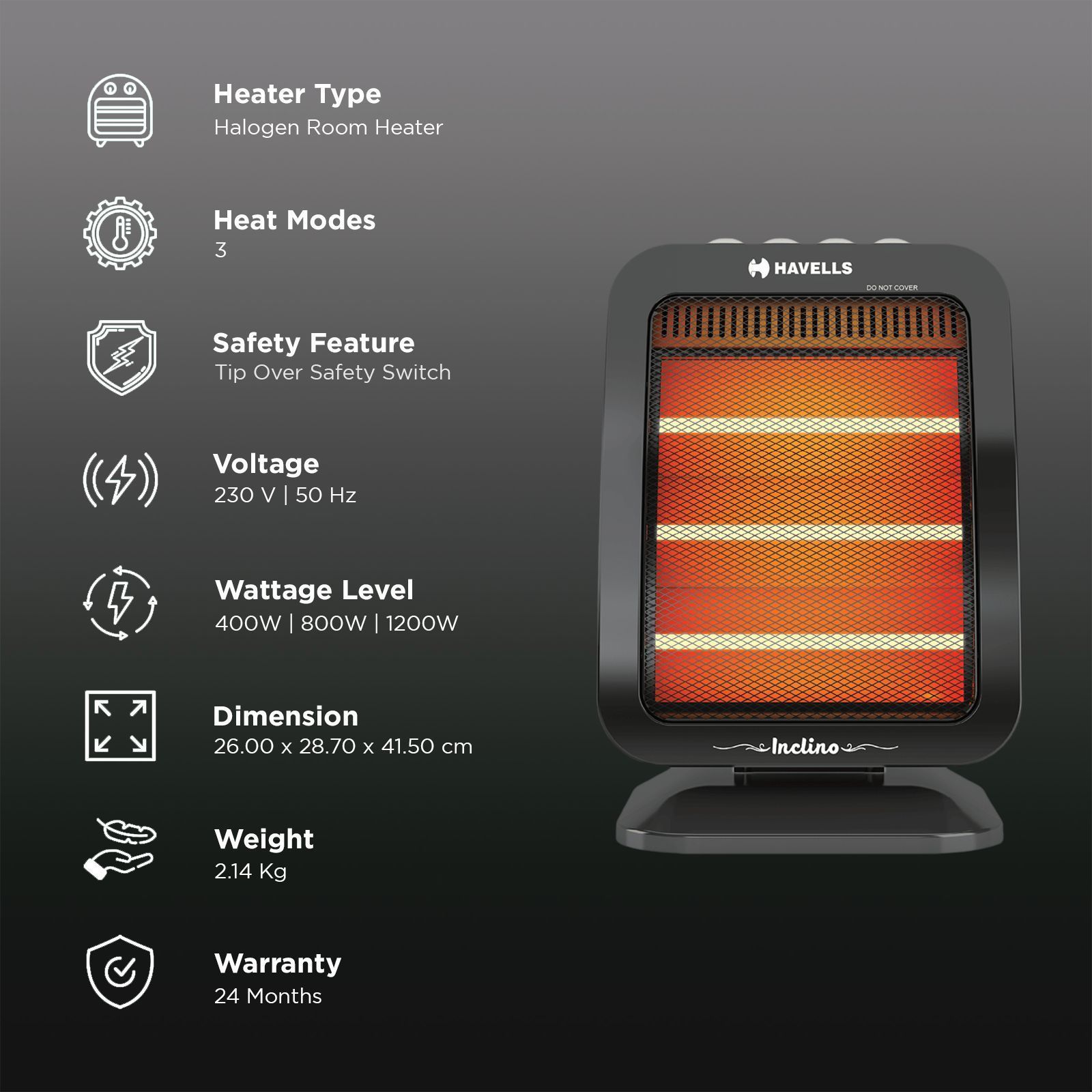 HAVELLS Inclino 1200W Halogen Room Heater with Oscillation Function (Rust Free Reflector_3