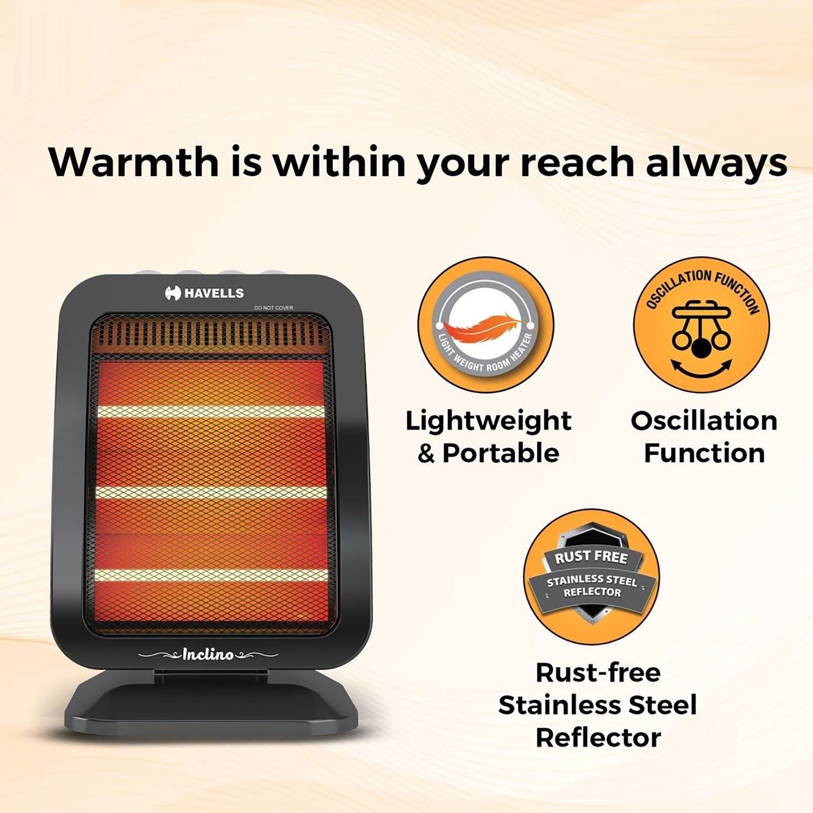 HAVELLS Inclino 1200W Halogen Room Heater with Oscillation Function (Rust Free Reflector_9