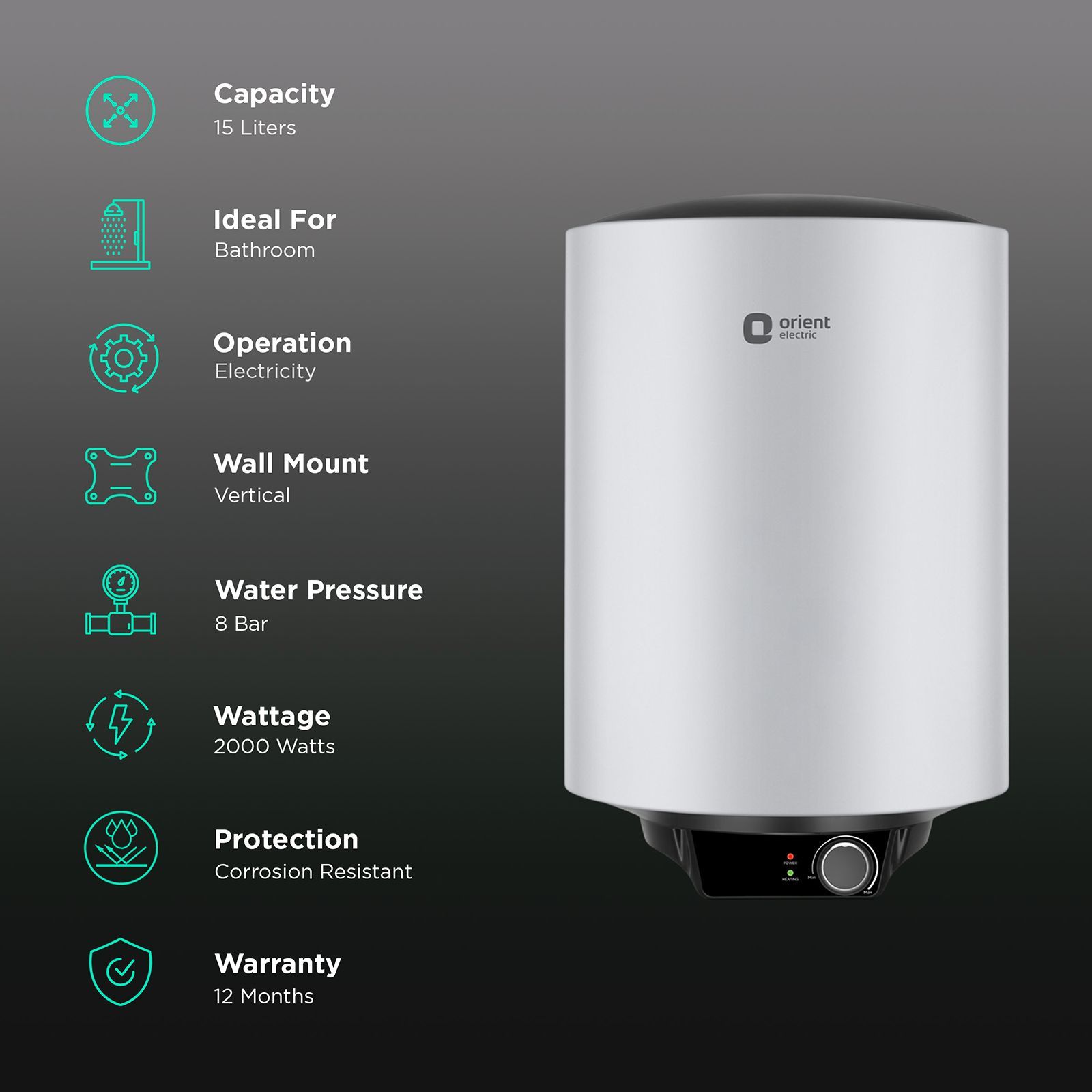 Orient Maverick 15 Litre 5 Star Vertical Storage Geyser with 5 Level Safety Shield (Grey)_3