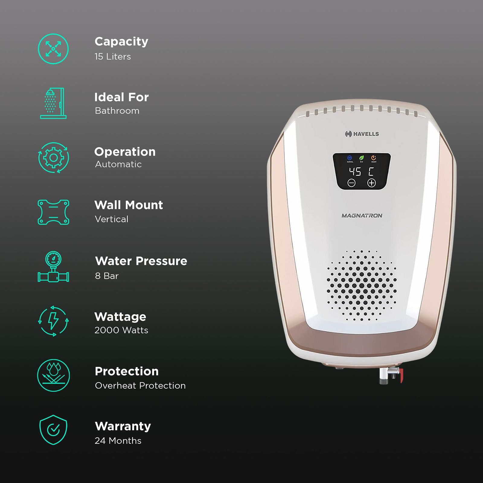 HAVELLS Magnatron 15 Litre 4 Star Vertical Storage Geyser with Overheat Protection (White Champagne Gold) HAVELLS Magnatron 15 Litre 4 Star Vertical Storage Geyser with Overheat Protection (White Champagne Gold)_3