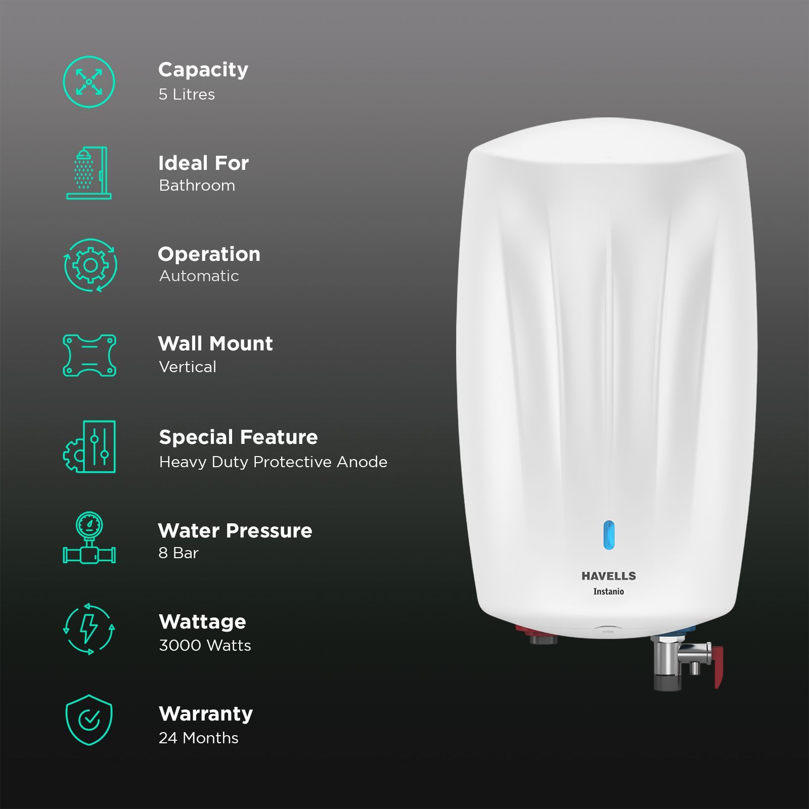 HAVELLS Instanio 5 Litre 4 Star Vertical Instant Geyser with Feroglas Coated Inner Tank (White)_2