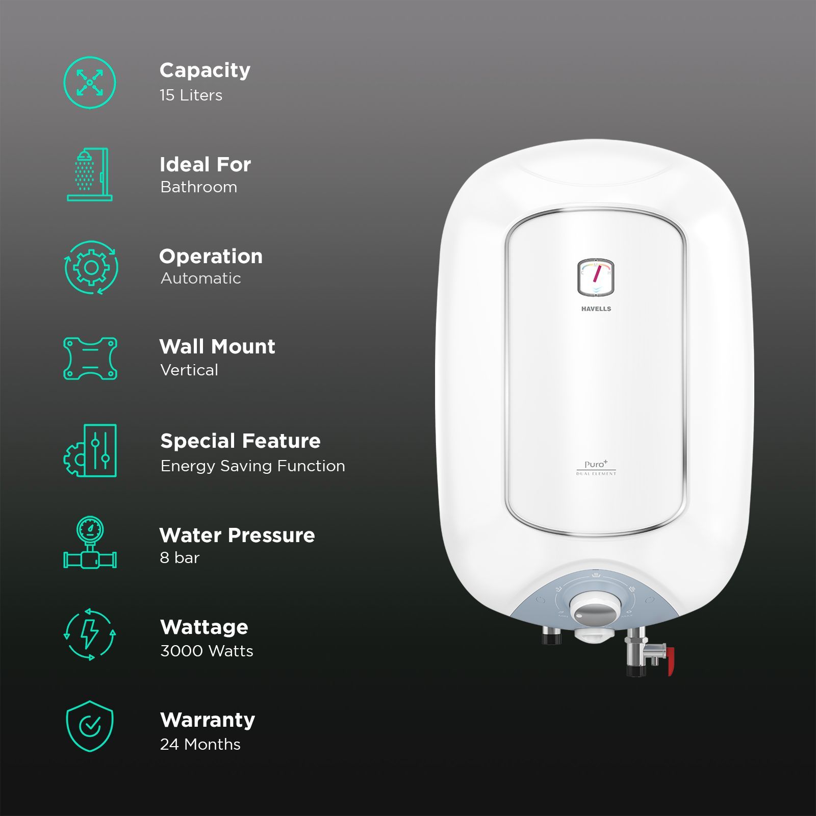 HAVELLS Puro PLus 15 Litre 4 Star Vertical Storage Geyser with High Density PUF Insualtion (White)_3