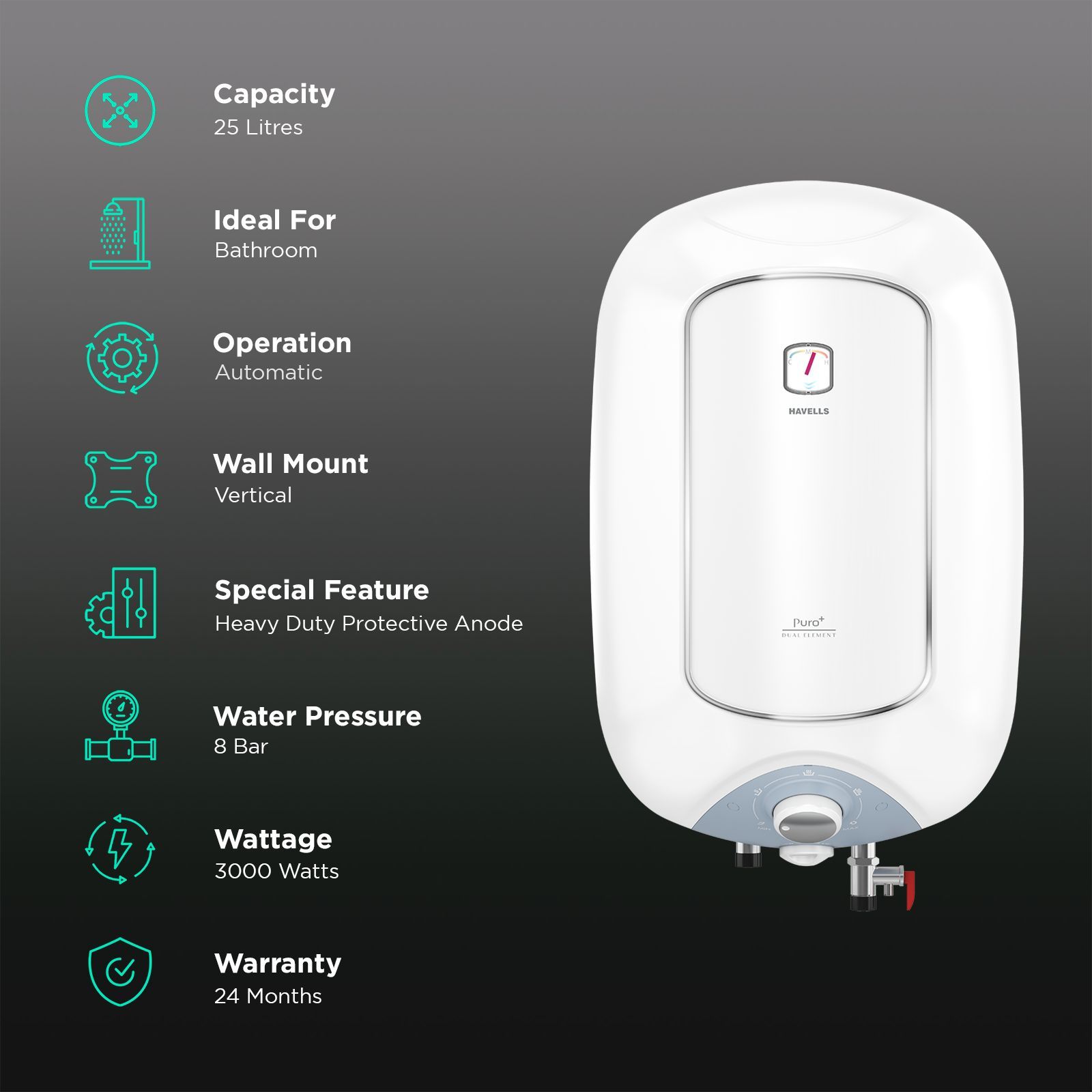 HAVELLS Puro Plus 25 Litre 4 Star Vertical Storage Geyser with High Density PUF Insulation (White)_3