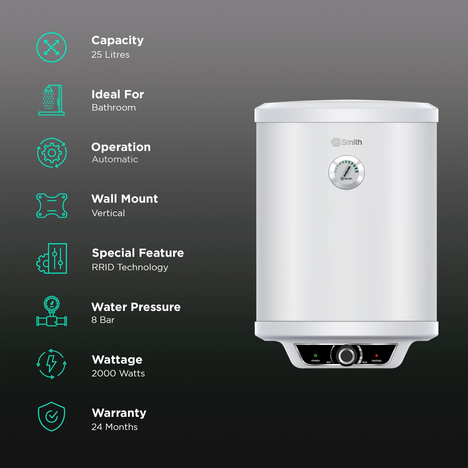 AO Smith Elegance Prime 25 Litre 5 Star Vertical Storage Geyser with Innovative RRID Technology (White)_3