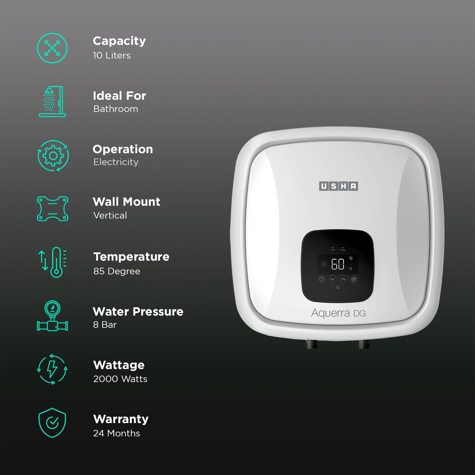 USHA Aquerra DG 10 Litre 5 Star Vertical Storage Geyser with Thermal Cutoff (White)_3